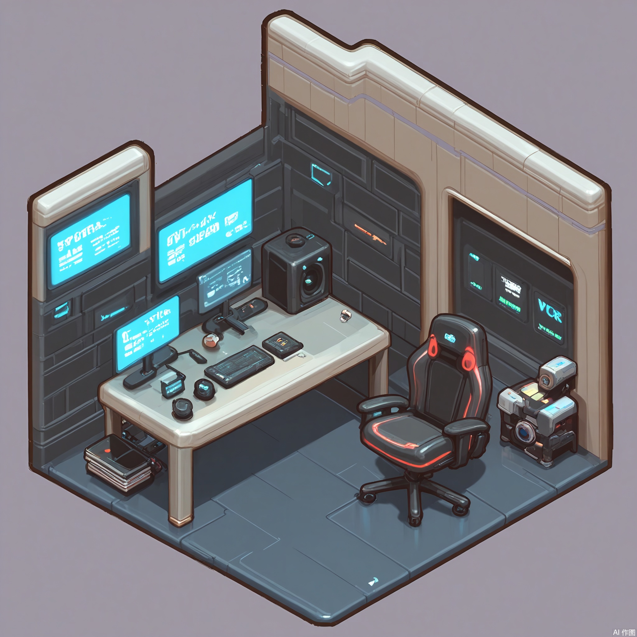 XXDJ, A detailed, stylized digital drawing of a futuristic VR gaming station, featuring a sleek, curved gaming chair with built-in speakers, a high-tech VR headset suspended from the ceiling, and a holographic projector displaying a virtual game world. The background includes a glowing blue floor and walls adorned with abstract digital art. The overall aesthetic is sleek and immersive.
