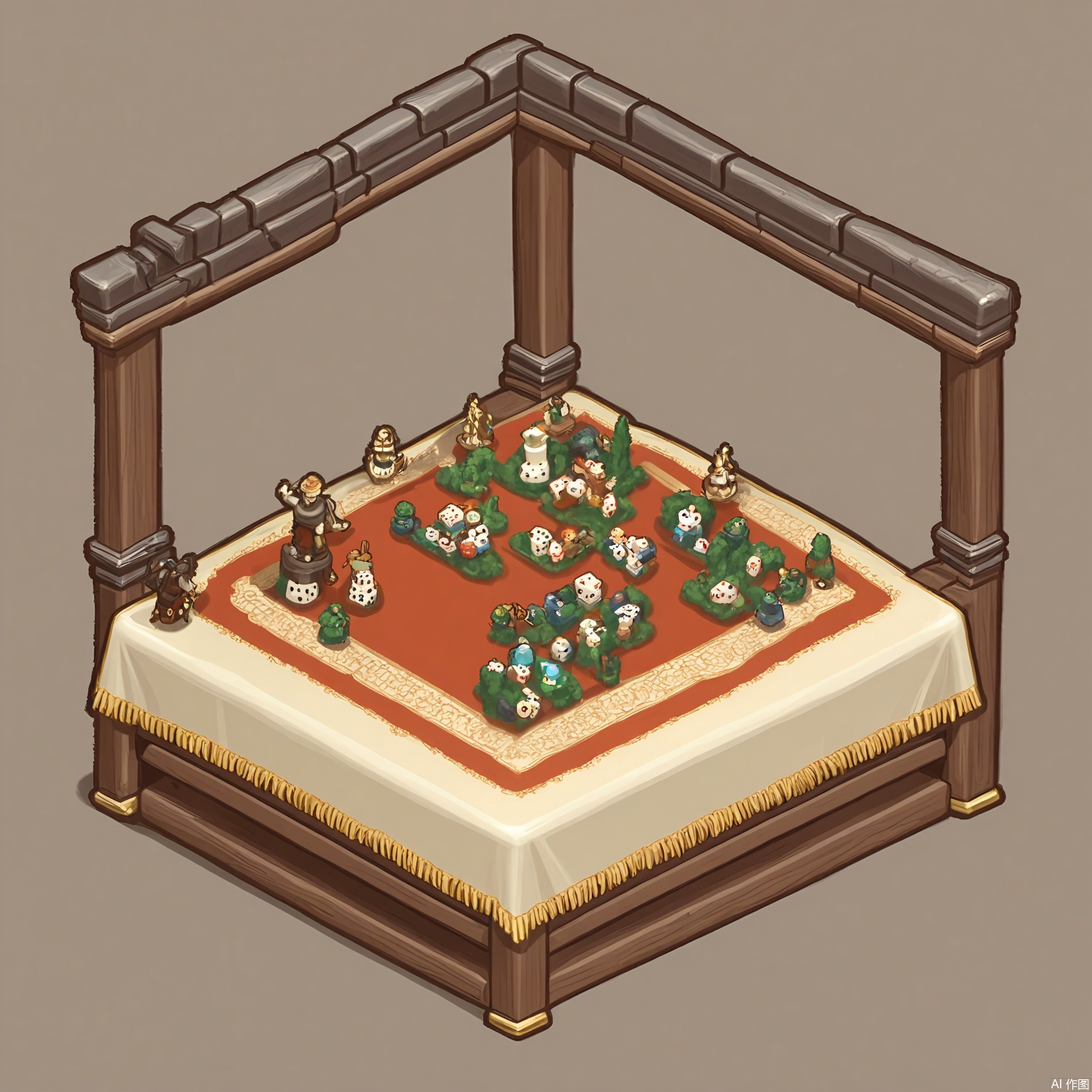 XXDJ, A detailed, stylized digital drawing of a fantasy-themed gaming table setup, featuring a large, ornate wooden table with a dragon-themed tablecloth, a set of dice in a velvet pouch, and a miniature dragon figurine as a centerpiece. The background includes a tapestry depicting a medieval battle scene. The overall aesthetic is epic and adventurous.
