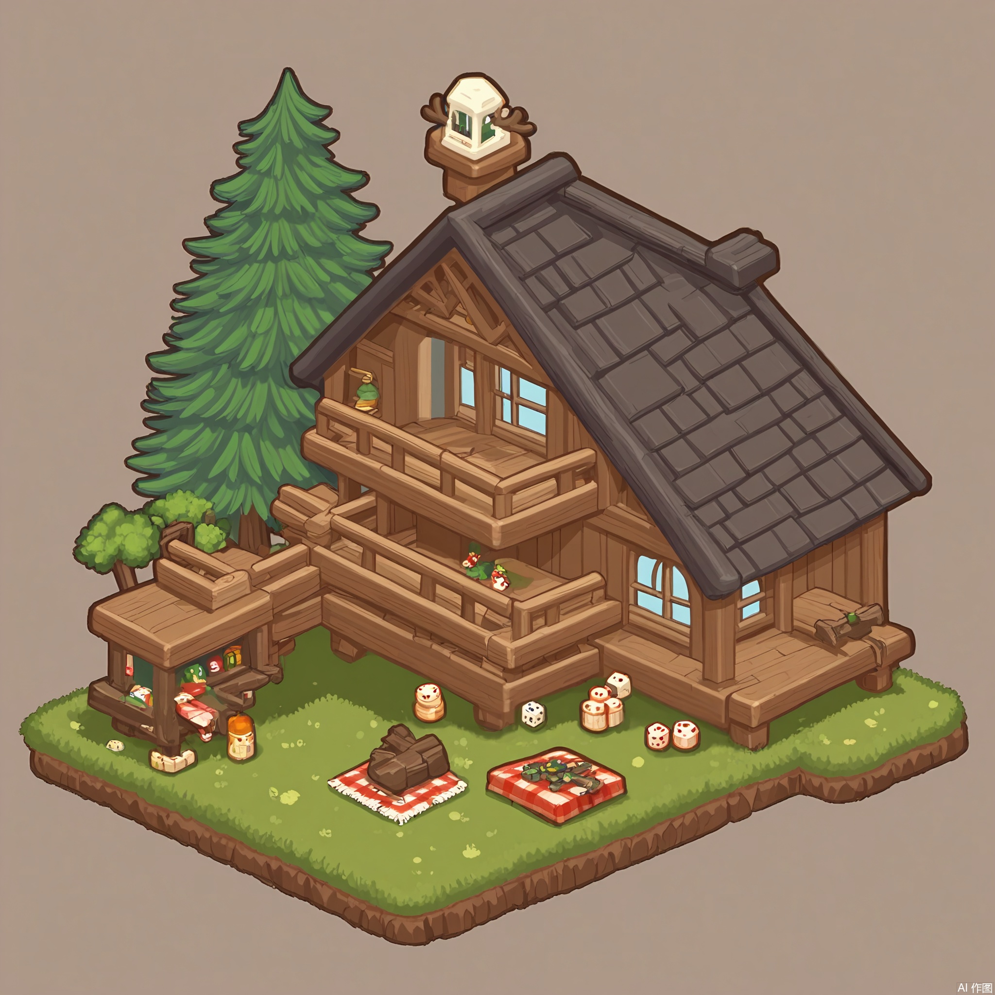 XXDJ, A detailed, stylized digital drawing of a rustic cabin gaming area, featuring a log cabin table with a plaid tablecloth, a set of antler-handled dice, and a shelf filled with hunting-themed board games. The background includes a window overlooking a snowy forest. The overall aesthetic is rugged and cozy.
