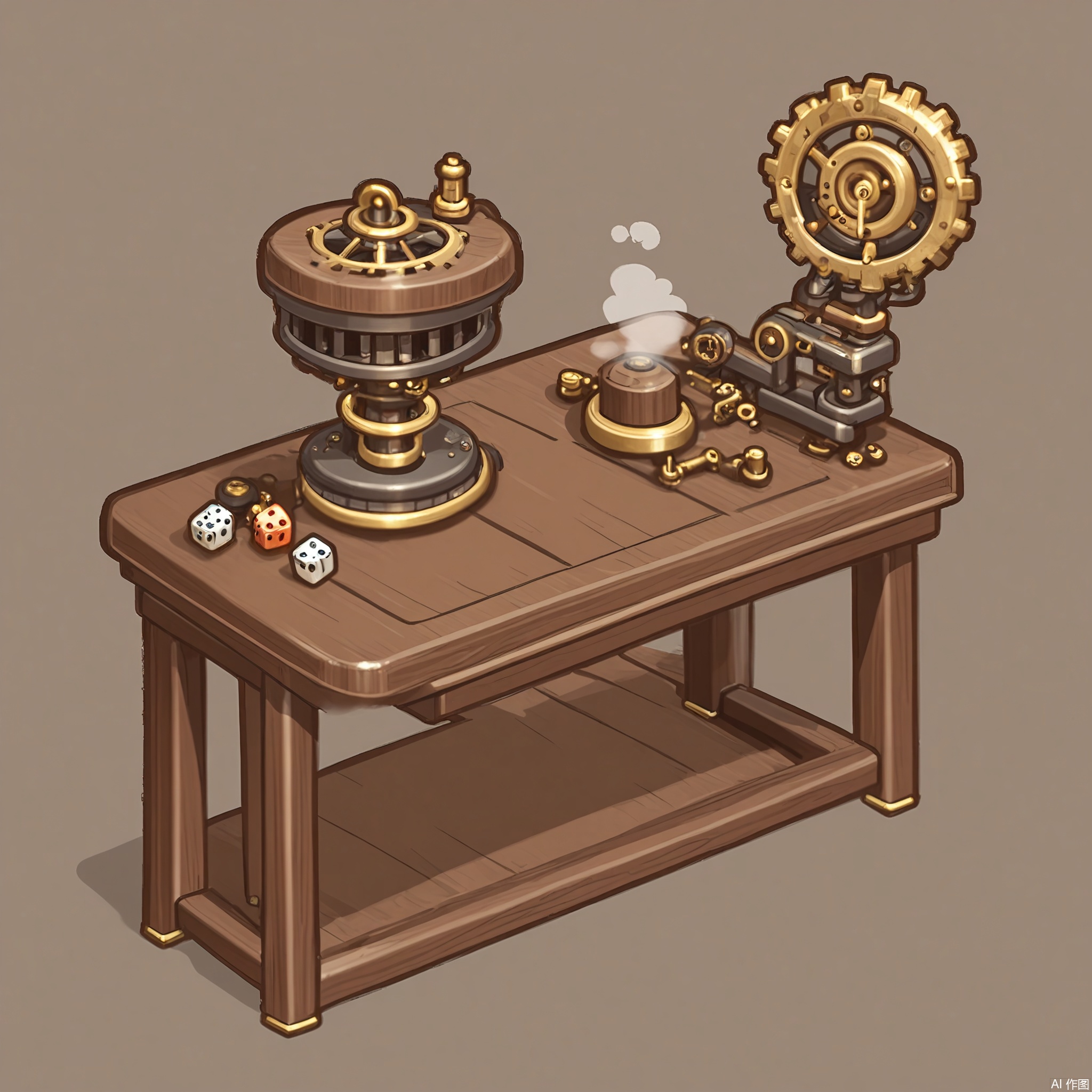 XXDJ, A detailed, stylized digital drawing of a steampunk-inspired gaming table, featuring a brass-and-wood table with gears and pipes as decorative elements, a set of steampunk-themed dice, and a small steam-powered robot figurine. The background includes a wall covered in steampunk art and a clockwork chandelier. The overall aesthetic is intricate and whimsical.
