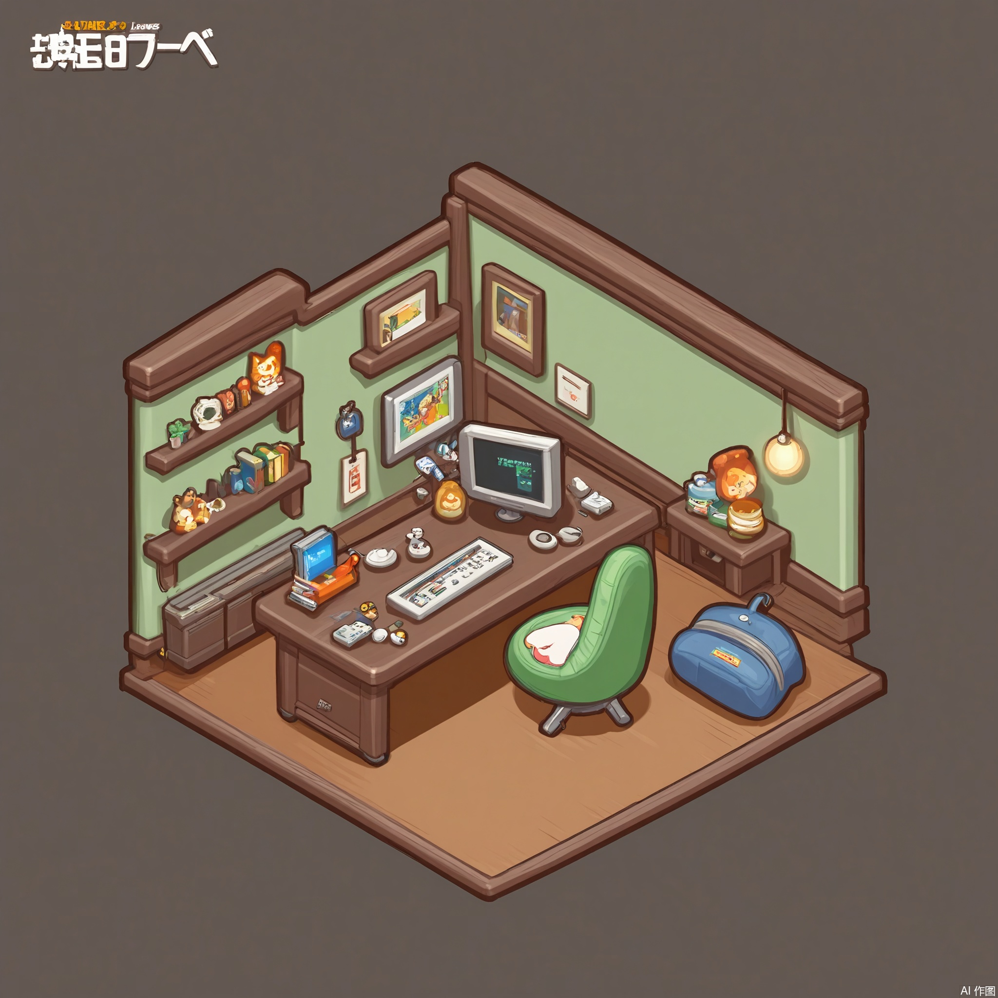 XXDJ, A detailed, stylized digital drawing of a rustic gaming lounge corner, featuring a vintage wooden chest as a storage unit for controllers, a neon-lit shelf displaying retro game cartridges, and a plush beanbag chair with a galaxy-patterned cover. A gaming monitor stands on a sleek black desk, and the background includes a wall decorated with framed game posters. The overall aesthetic is retro-futuristic and vibrant.
