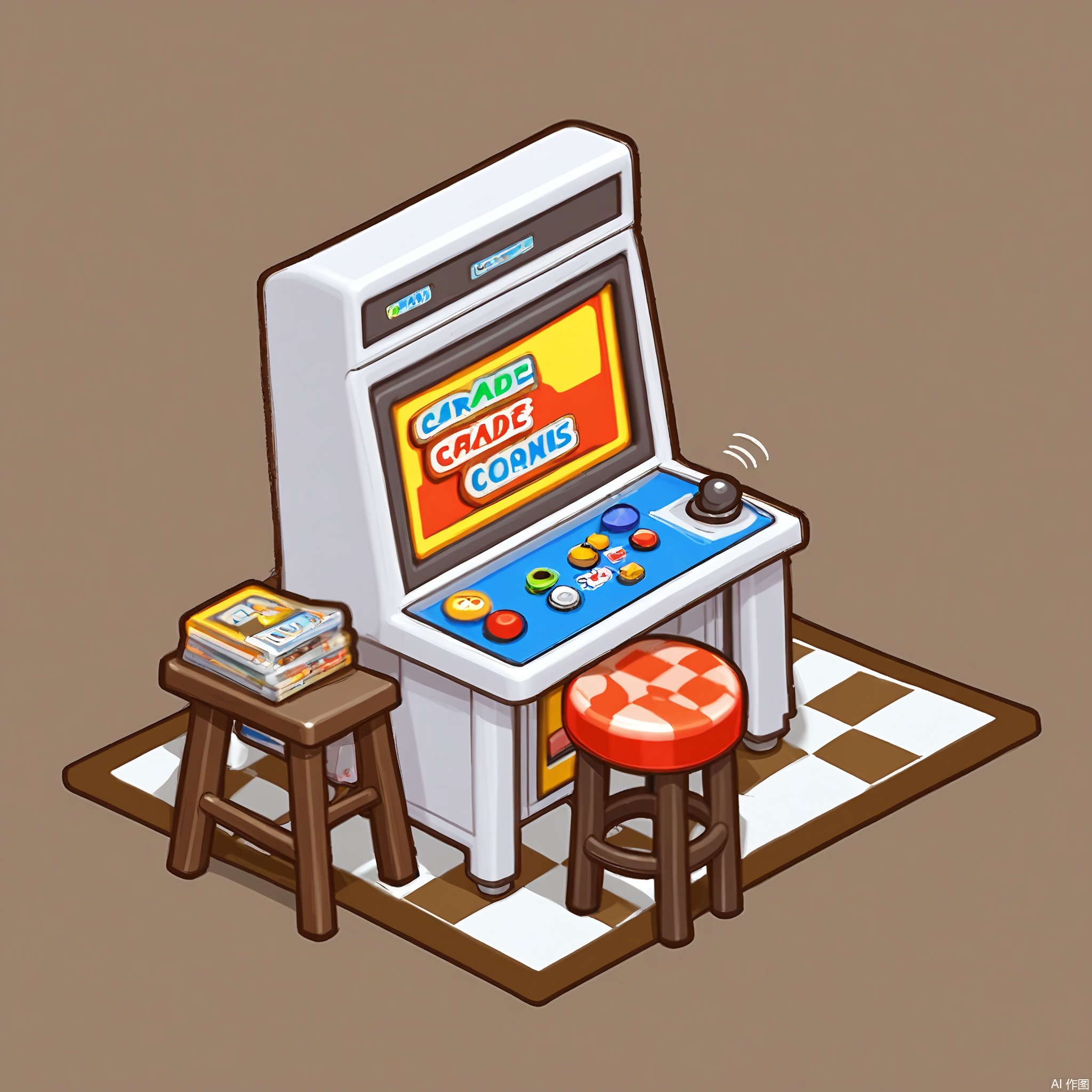XXDJ, A detailed, stylized digital drawing of a retro arcade gaming corner, featuring a classic arcade cabinet with a brightly lit screen, a stool with a checkered seat, and a wall covered in vintage arcade posters. The background includes a neon sign flickering with the words "Game On." The overall aesthetic is nostalgic and energetic.
