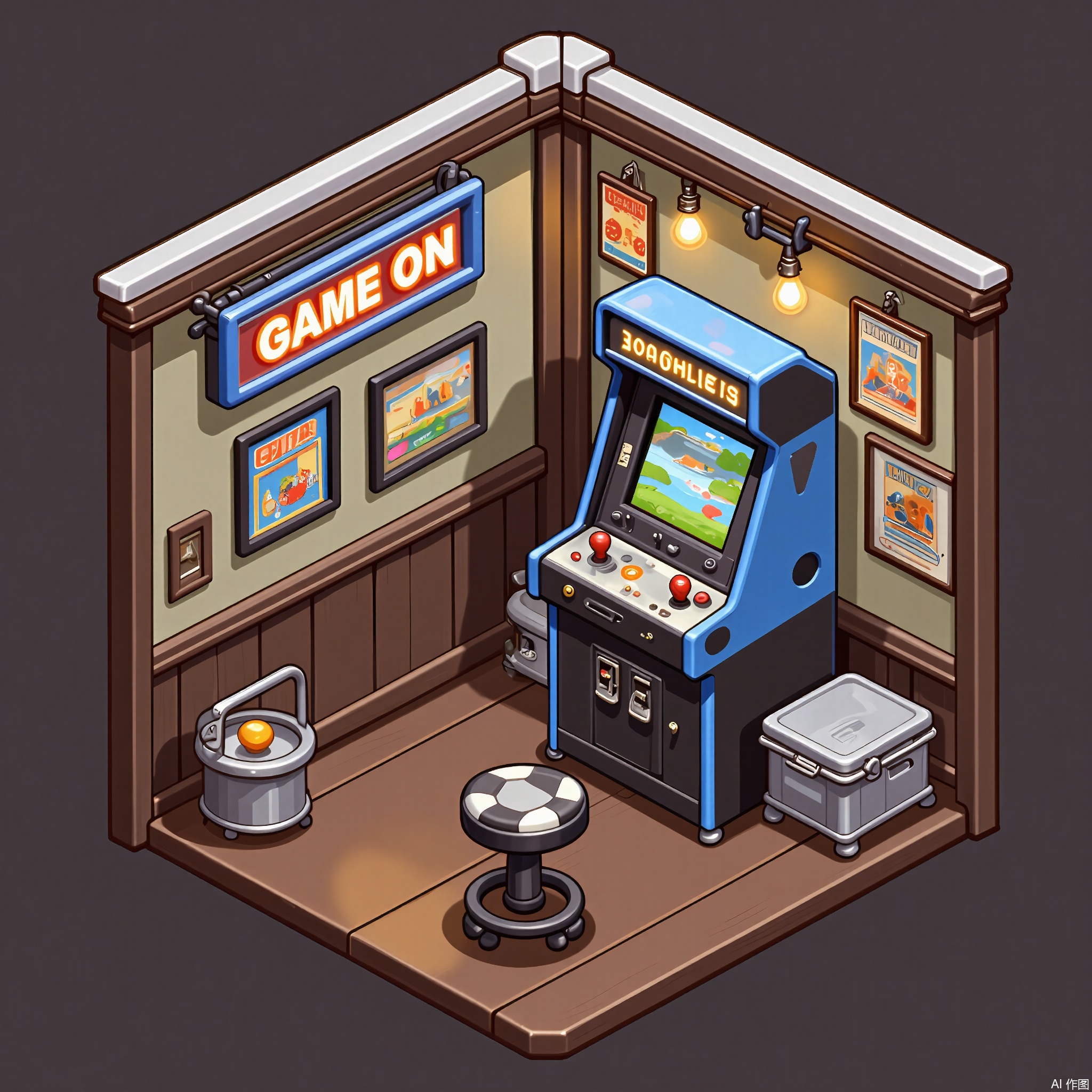 XXDJ, A detailed, stylized digital drawing of a retro arcade gaming corner, featuring a classic arcade cabinet with a brightly lit screen, a stool with a checkered seat, and a wall covered in vintage arcade posters. The background includes a neon sign flickering with the words "Game On." The overall aesthetic is nostalgic and energetic.
