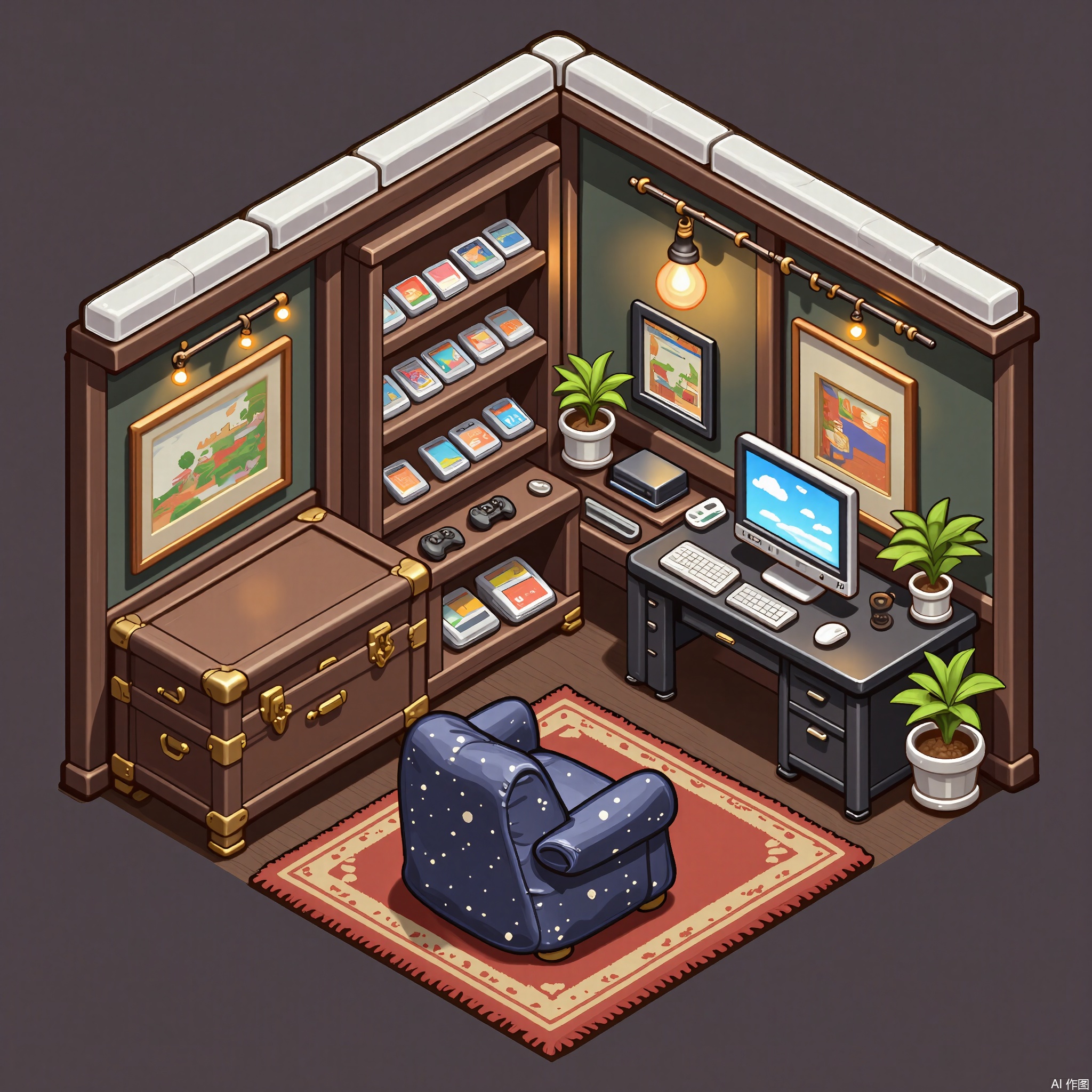 XXDJ, A detailed, stylized digital drawing of a rustic gaming lounge corner, featuring a vintage wooden chest as a storage unit for controllers, a neon-lit shelf displaying retro game cartridges, and a plush beanbag chair with a galaxy-patterned cover. A gaming monitor stands on a sleek black desk, and the background includes a wall decorated with framed game posters. The overall aesthetic is retro-futuristic and vibrant.
