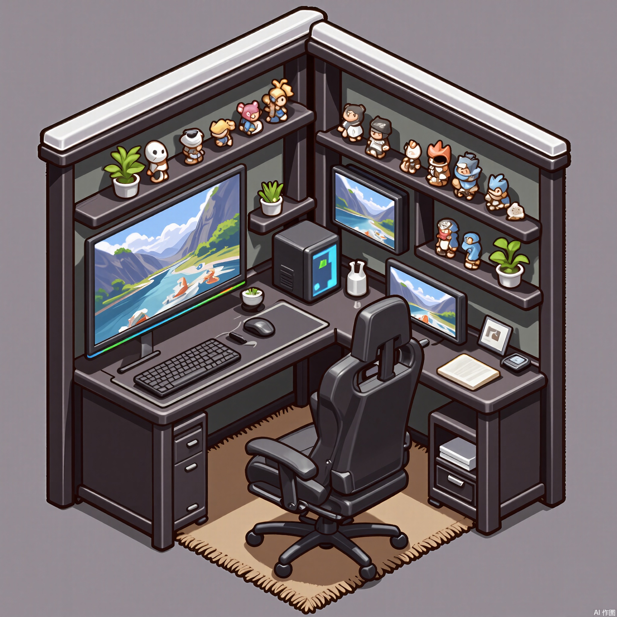 XXDJ, A detailed, stylized digital drawing of a modern gaming den corner, featuring a minimalist glass desk with a high-performance gaming PC, a gaming chair with RGB lighting, and a shelf displaying collectible gaming figurines. The background includes a wall-mounted TV showing a live game stream. The overall aesthetic is sleek and high-tech.
