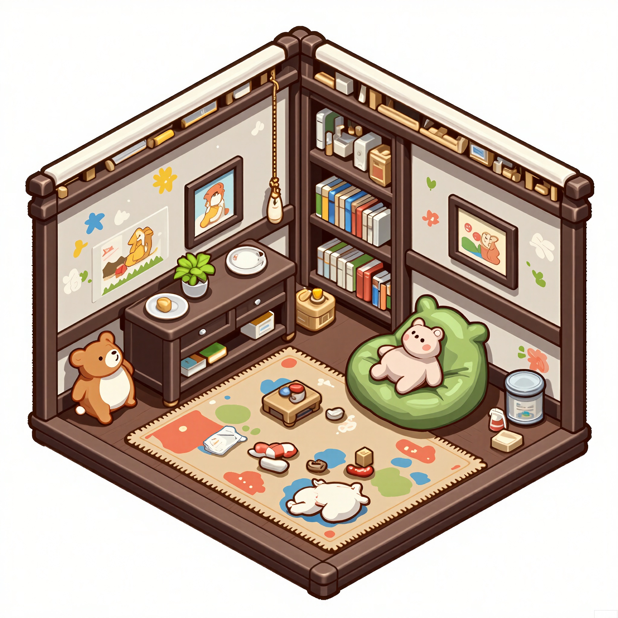 XXDJ, A detailed, stylized digital drawing of a cozy children's game room corner, featuring a low table with a colorful playmat, a set of wooden blocks and toys, and a beanbag chair shaped like a friendly animal. The background includes a wall decorated with cartoon characters and a bookshelf filled with children's books. The overall aesthetic is playful and inviting.
