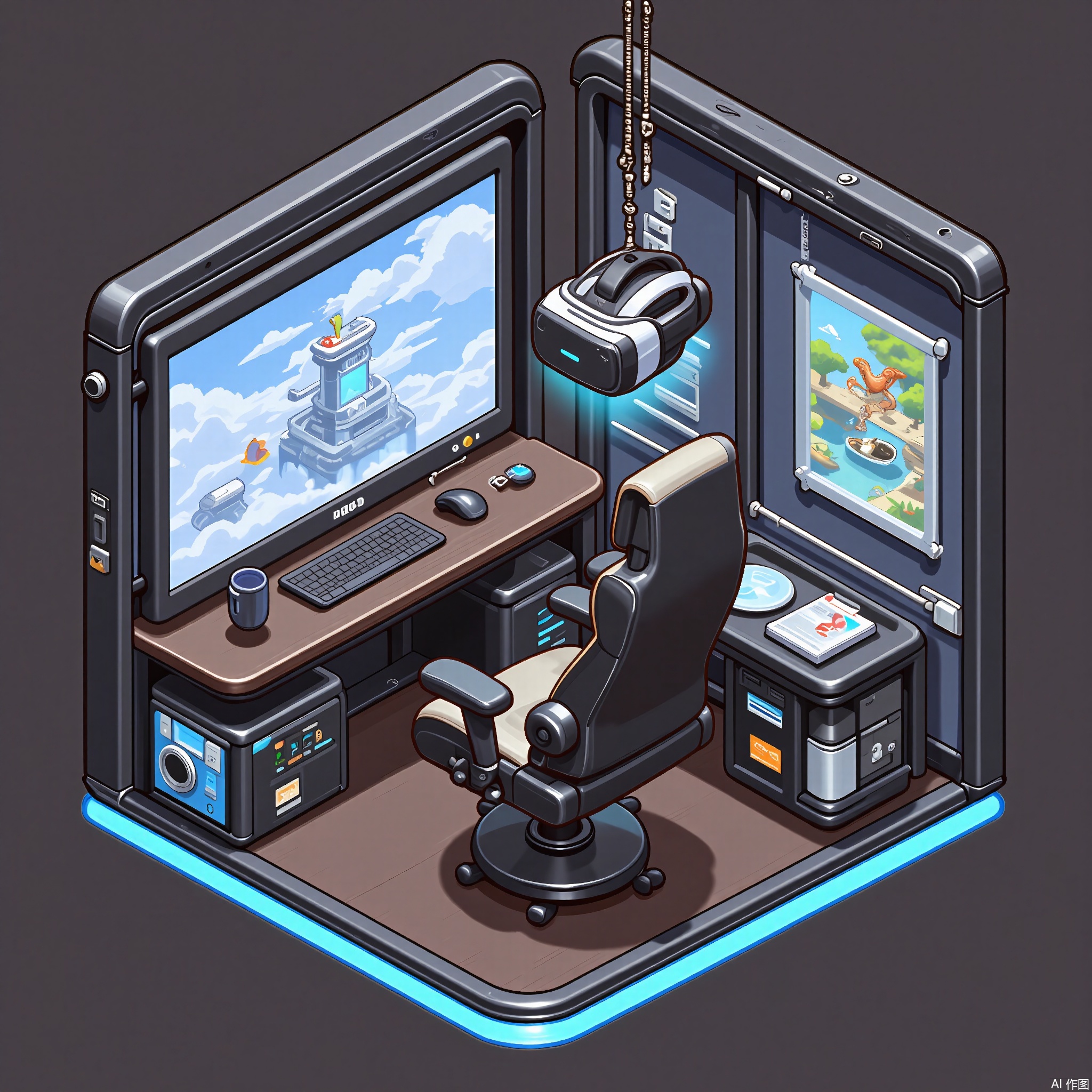 XXDJ, A detailed, stylized digital drawing of a futuristic VR gaming station, featuring a sleek, curved gaming chair with built-in speakers, a high-tech VR headset suspended from the ceiling, and a holographic projector displaying a virtual game world. The background includes a glowing blue floor and walls adorned with abstract digital art. The overall aesthetic is sleek and immersive.
