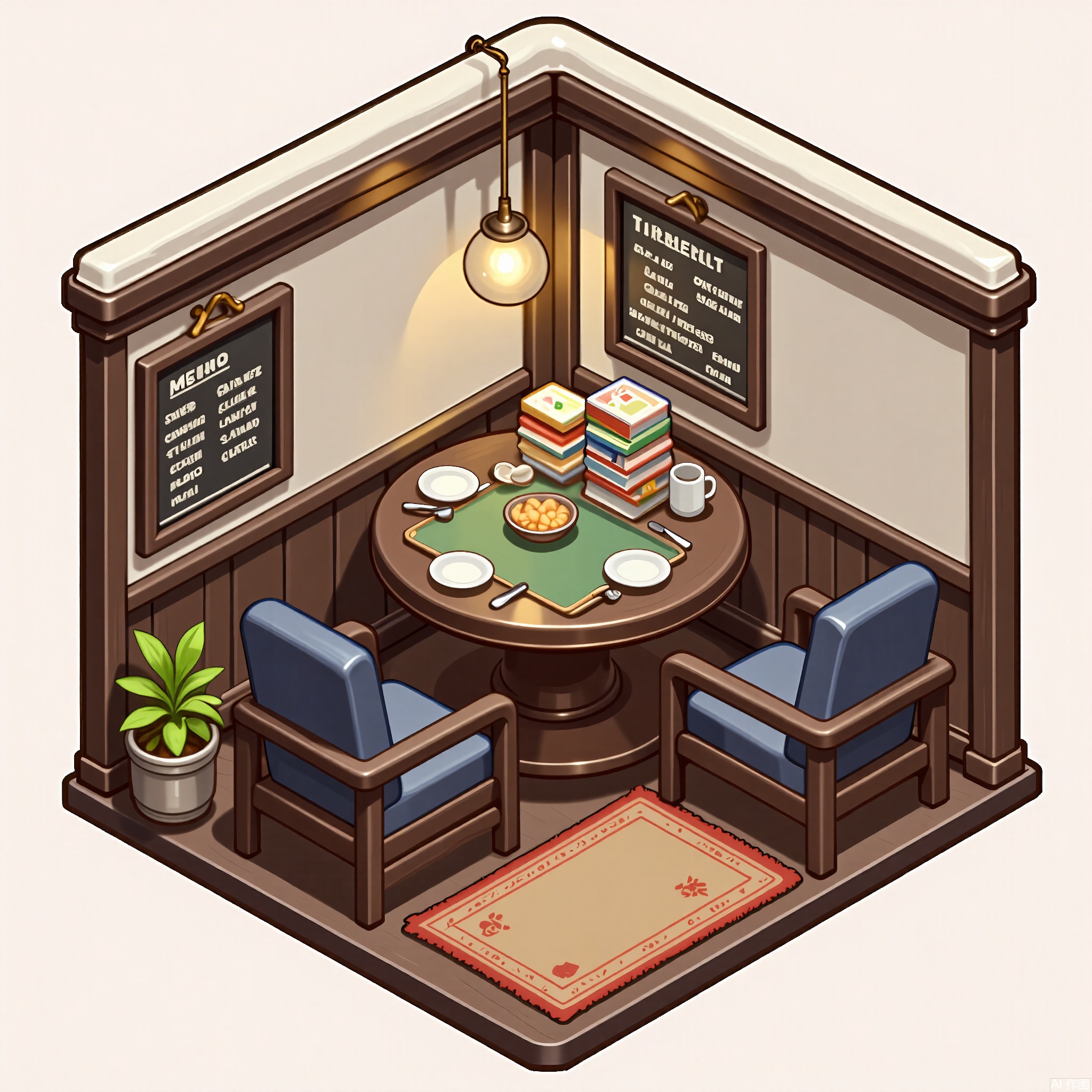 XXDJ, A detailed, stylized digital drawing of a cozy board game café corner, featuring a round oak table with a green felt top, a stack of colorful board games neatly arranged, and two comfortable armchairs upholstered in deep blue fabric. A small lamp casts a warm glow, and the background includes a chalkboard menu of game options. The overall aesthetic is welcoming and nostalgic.
