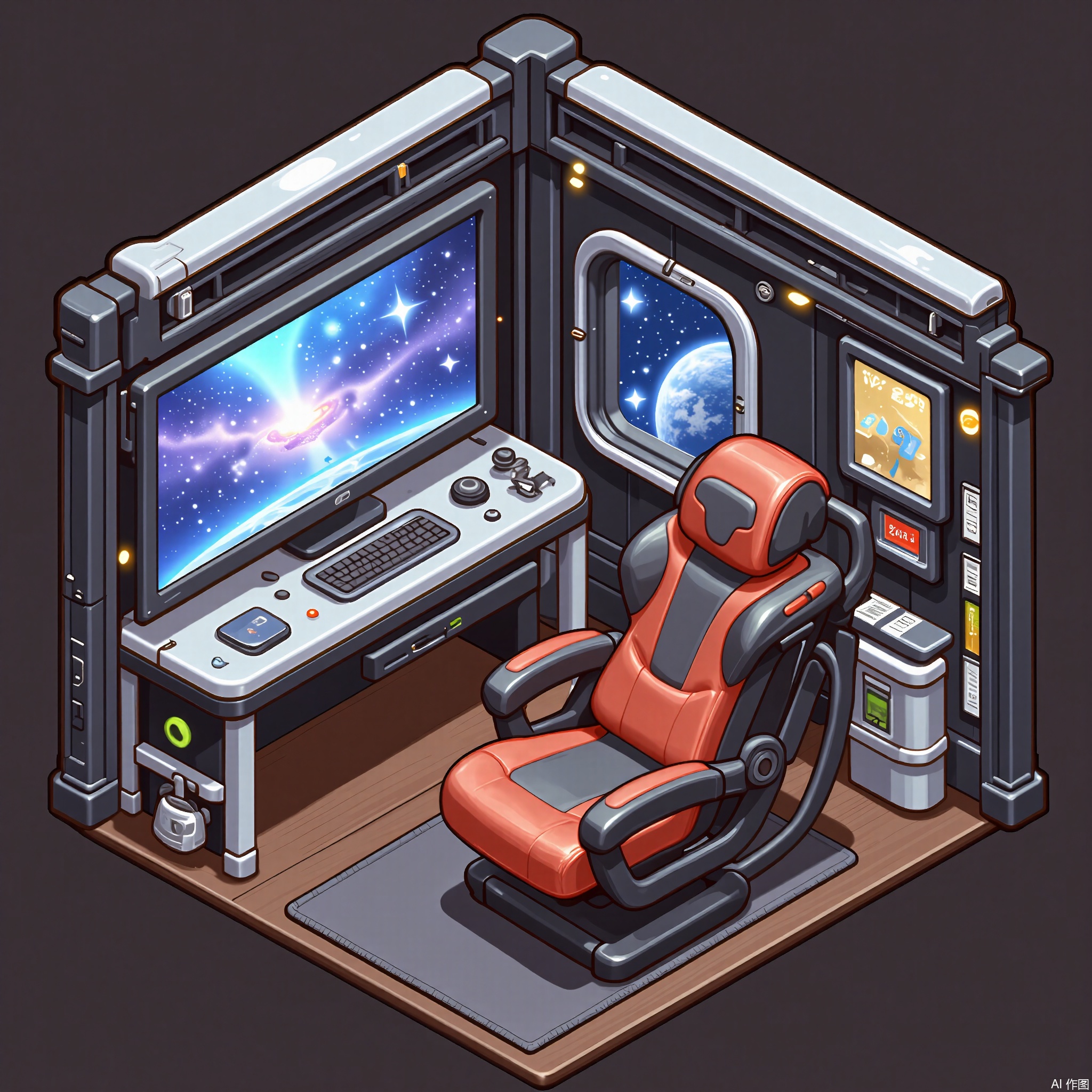 XXDJ, A detailed, stylized digital drawing of a futuristic space-themed gaming corner, featuring a zero-gravity gaming chair, a holographic game console, and a wall display showing a starry galaxy. The background includes a view of a spaceship cockpit through a virtual window. The overall aesthetic is otherworldly and thrilling.
