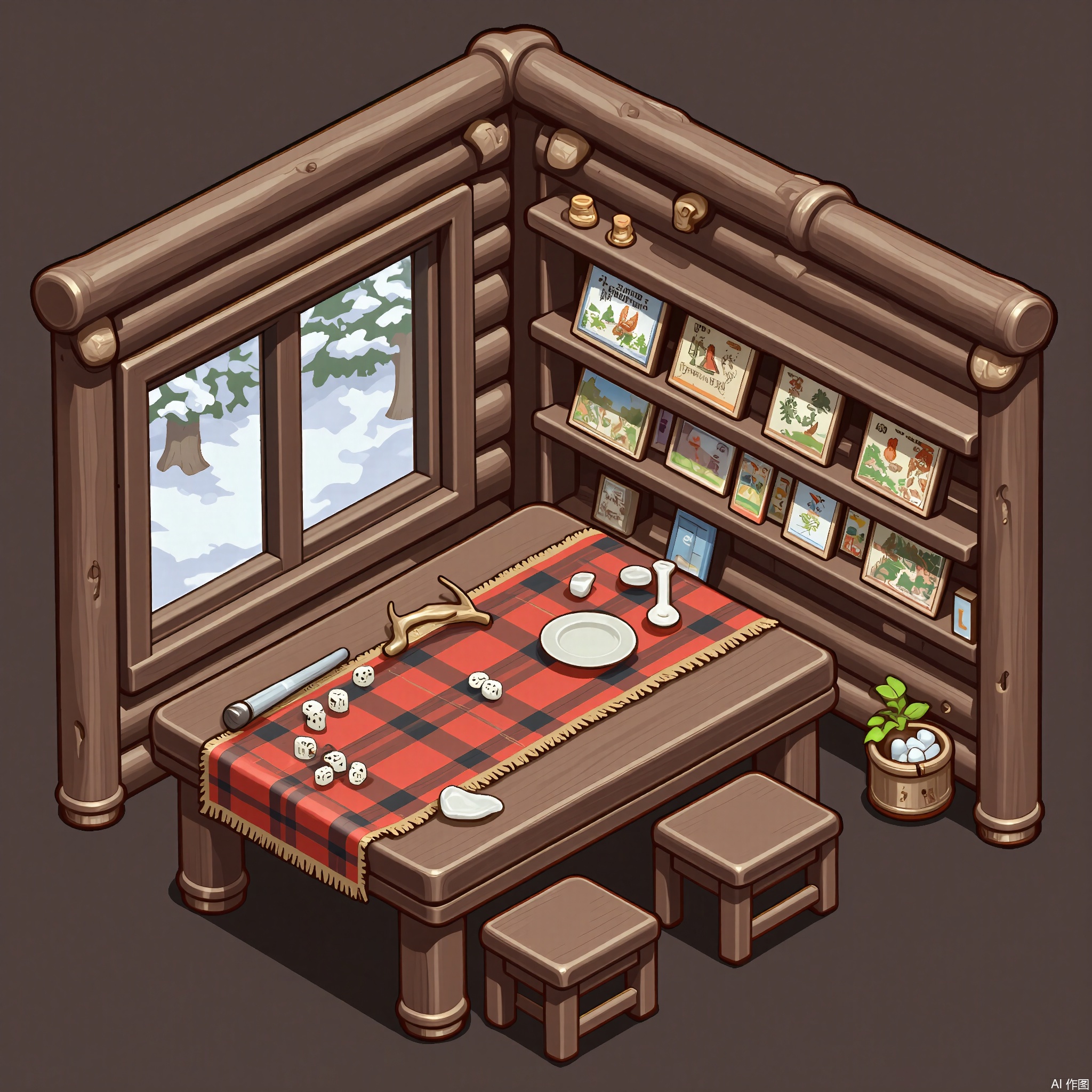 XXDJ, A detailed, stylized digital drawing of a rustic cabin gaming area, featuring a log cabin table with a plaid tablecloth, a set of antler-handled dice, and a shelf filled with hunting-themed board games. The background includes a window overlooking a snowy forest. The overall aesthetic is rugged and cozy.
