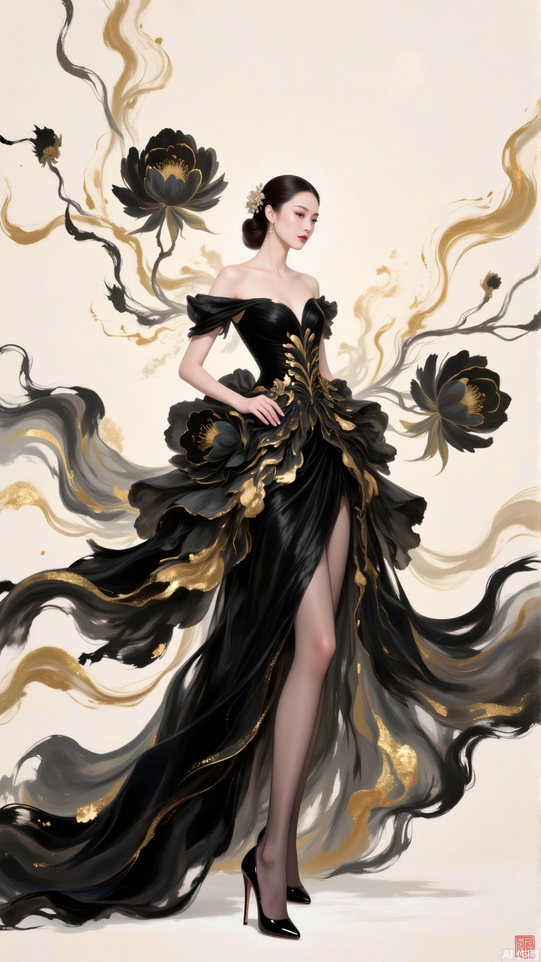 Ink Wash Painting, This illustration skillfully integrates Eastern aesthetics with fashion.The woman in an exquisitely tailored black gown made of layered  flowers stands elegantly. The high slit, black stockings and high - heels outline a sexy charm. The splashed - ink black flowers in the background are free and unrestrained. In the background, ink splashes, with black and gold ink flowing.The blend of traditional artistic conception and modern styling creates an elegant artistic atmosphere, conveying a unique Eastern charm.,shiny pantyhose,plns,xkj,dpx,jinbo