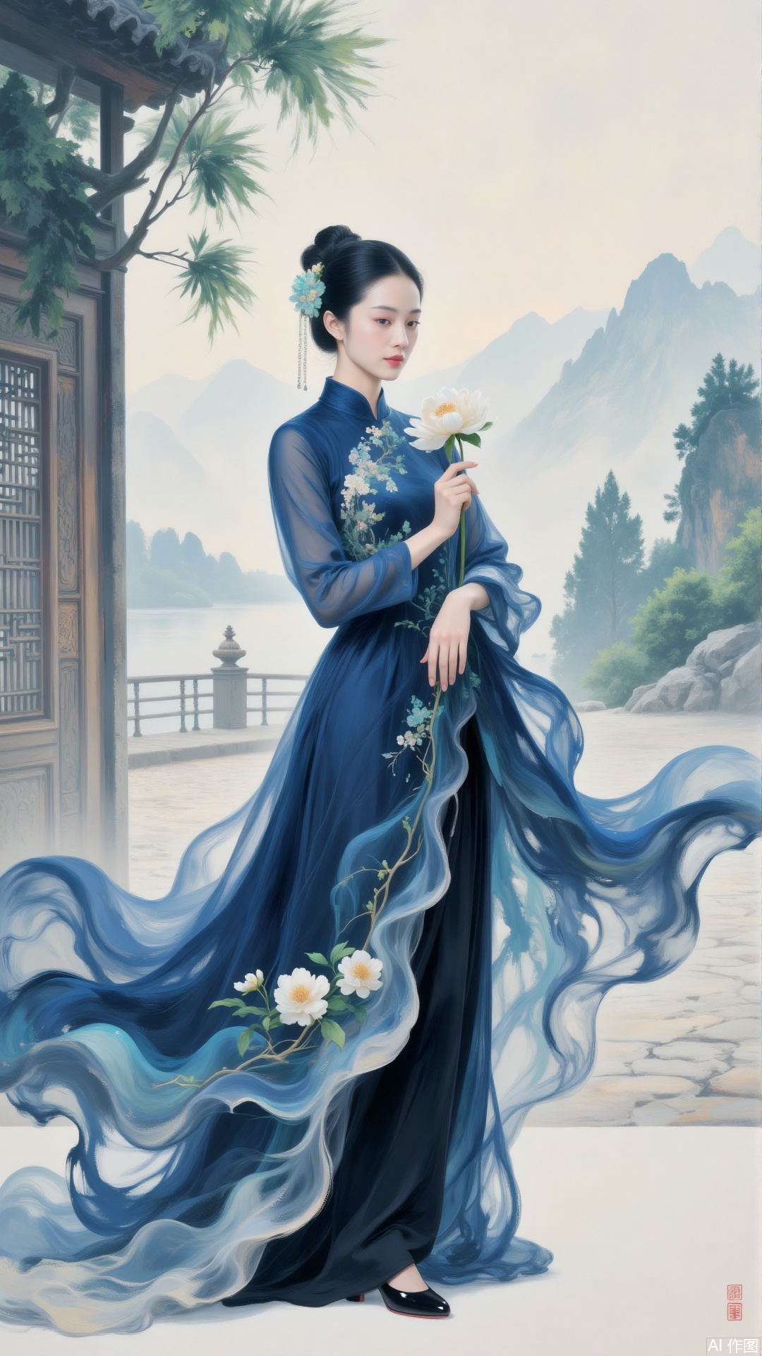 Ink Wash Painting,An elegant woman in an ink-blue cheongsam stands in a courtyard with swaying bamboo shadows, gently pinching a half-bloomed white plum in her fair hand. A jade hairpin glows coldly in her hair, her skirt ripples with light ink, distant mountains blend into misty water like blue wash, and rice paper-textured strokes outline the tenderness and detachment in her eyes.,semi - transparent,plbj