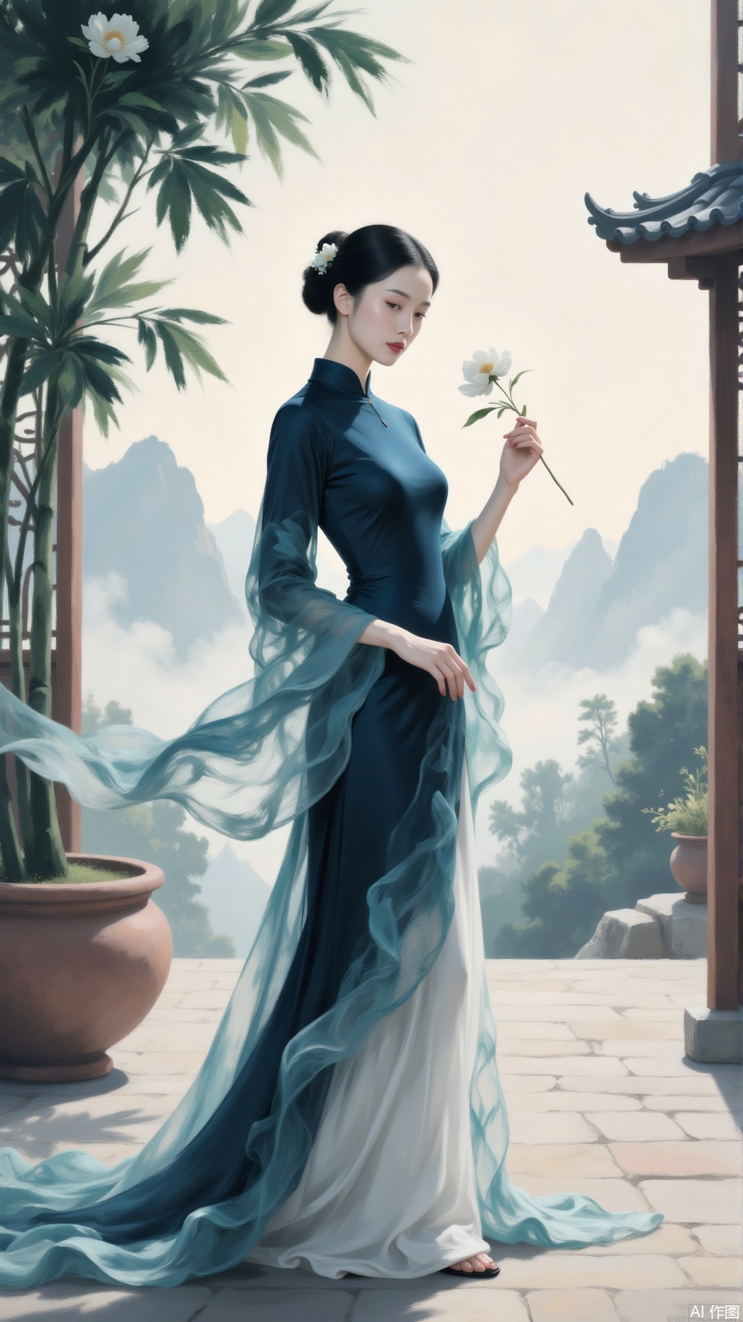 Ink Wash Painting,An elegant woman in an ink-blue cheongsam stands in a courtyard with swaying bamboo shadows, gently pinching a half-bloomed white plum in her fair hand. A jade hairpin glows coldly in her hair, her skirt ripples with light ink, distant mountains blend into misty water like blue wash, and rice paper-textured strokes outline the tenderness and detachment in her eyes.