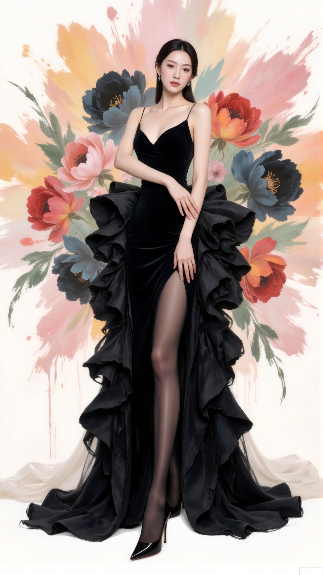Ink Wash Painting, This illustration skillfully integrates Eastern aesthetics with fashion.The woman in an exquisitely tailored black gown made of layered  flowers stands elegantly. The high slit, black stockings and high - heels outline a sexy charm. The splashed - ink black flowers in the background are free and unrestrained. colorful flowers that echo the gradient ink - wash background.The blend of traditional artistic conception and modern styling creates an elegant artistic atmosphere, conveying a unique Eastern charm.