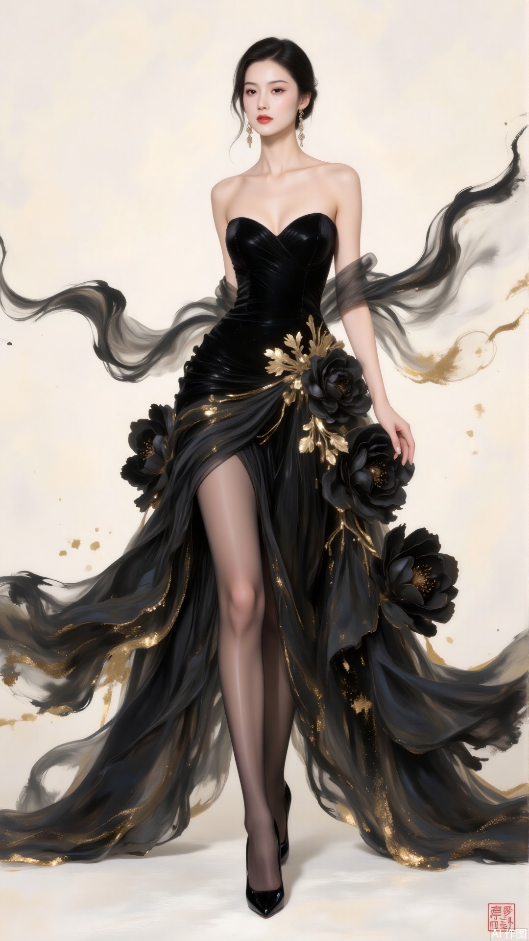 Ink Wash Painting, This illustration skillfully integrates Eastern aesthetics with fashion.The woman in an exquisitely tailored black gown made of layered  flowers stands elegantly. The high slit, black stockings and high - heels outline a sexy charm. The splashed - ink black flowers in the background are free and unrestrained. In the background, ink splashes, with black and gold ink flowing.The blend of traditional artistic conception and modern styling creates an elegant artistic atmosphere, conveying a unique Eastern charm.,shiny pantyhose,plns,xkj,dpx,jinbo