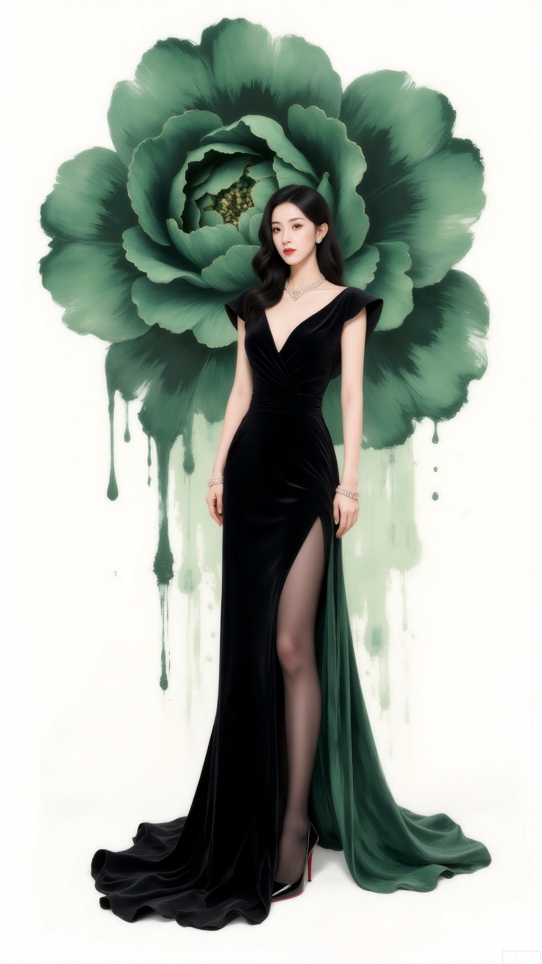 This illustration skillfully fuses fashion and art. The woman in an exquisitely tailored black gown stands elegantly. The high slit, black stockings and high - heels outline a sexy charm. The splashed - ink green flowers in the background are free and unrestrained. The collision of traditional ink painting and modern fashion creates a unique and artistic visual experience.