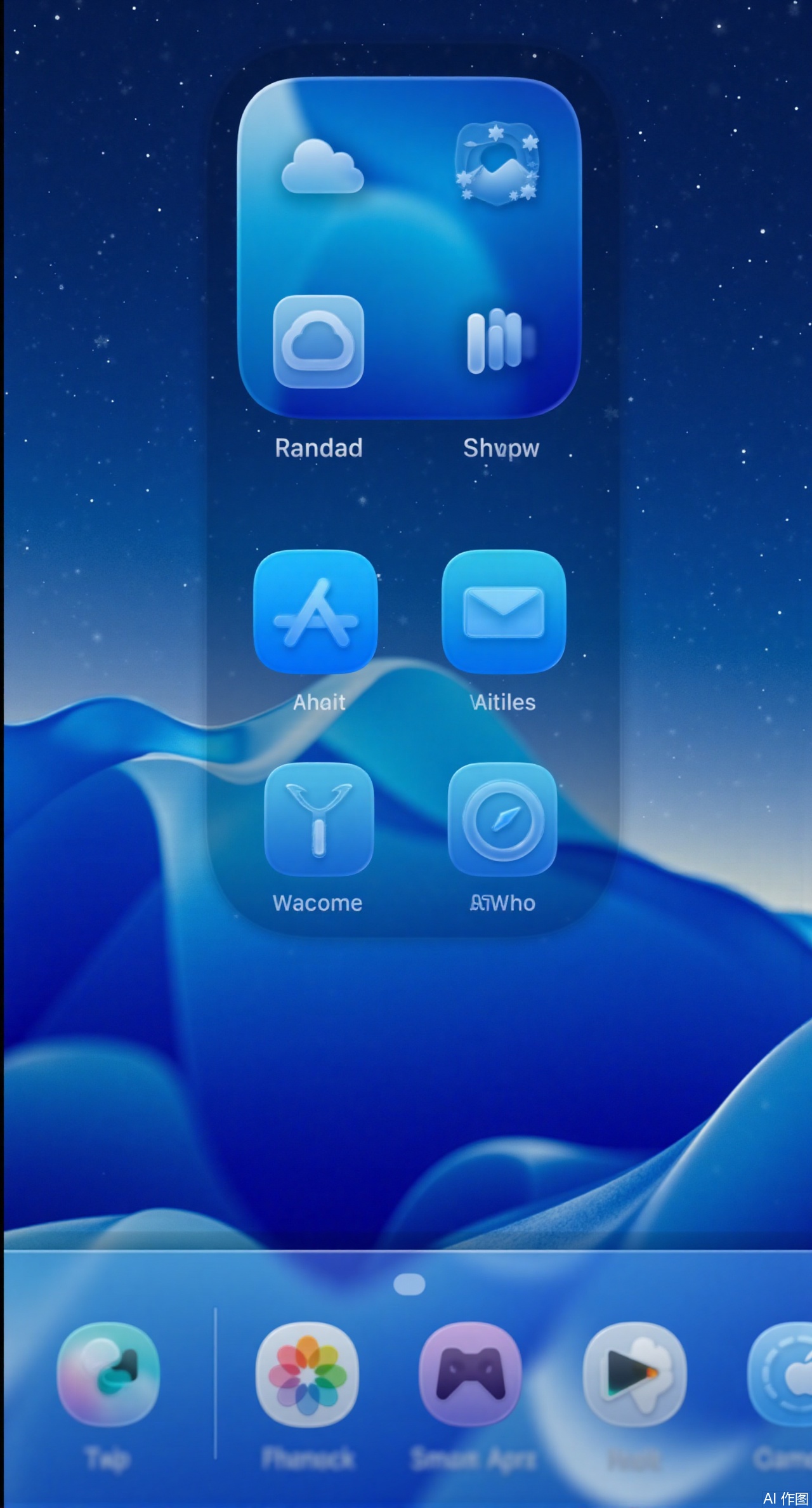 (masterpiece, best quality:1.2),Mobile phone desktop in iOS 26 liquid glass material, translucent blue glass-like icons float above a flowing starry river background. The edges of the icons refract iridescent halos, and the Dock bar at the bottom resembles a glass strip rippled by water waves, exuding a cold luster. The overall picture is full of futuristic and dreamy vibes.Xqianqianmeinu,Xmoxionghanfu,Xleisiqipao,Xxeushengxiaofu,Xxiajixiaofu,Xzileisiqipao,XluxueqiXY2,Xyaoyuexianzi,XteYK,Xdongjixiaofu2,Xclaudmonetstyle,XLiquidGlassMaterial,Xclaudmonet