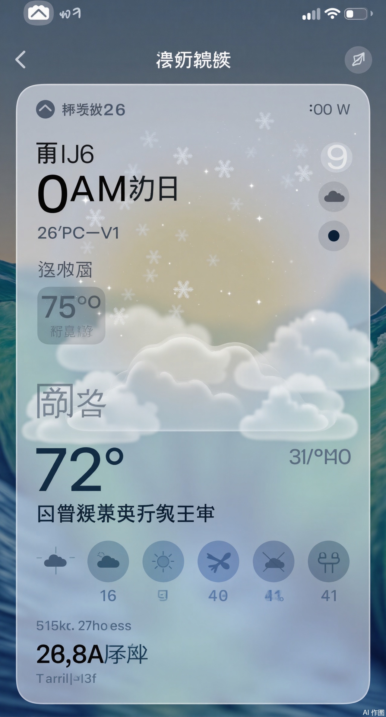 (masterpiece, best quality:1.2),The weather app interface drawn in the iOS 26 liquid glass style, in the transparent glass sphere, the falling snowflakes seem to be sealed in amber. The clouds present a translucent texture like marshmallows, and the temperature numbers at the bottom are composed of flowing liquid metal, shimmering under the contrast of the glass material..Xqianqianmeinu,Xmoxionghanfu,Xleisiqipao,Xxeushengxiaofu,Xxiajixiaofu,Xzileisiqipao,XluxueqiXY2,Xyaoyuexianzi,XteYK,Xdongjixiaofu2,Xclaudmonetstyle,XLiquidGlassMaterial,Xclaudmonet