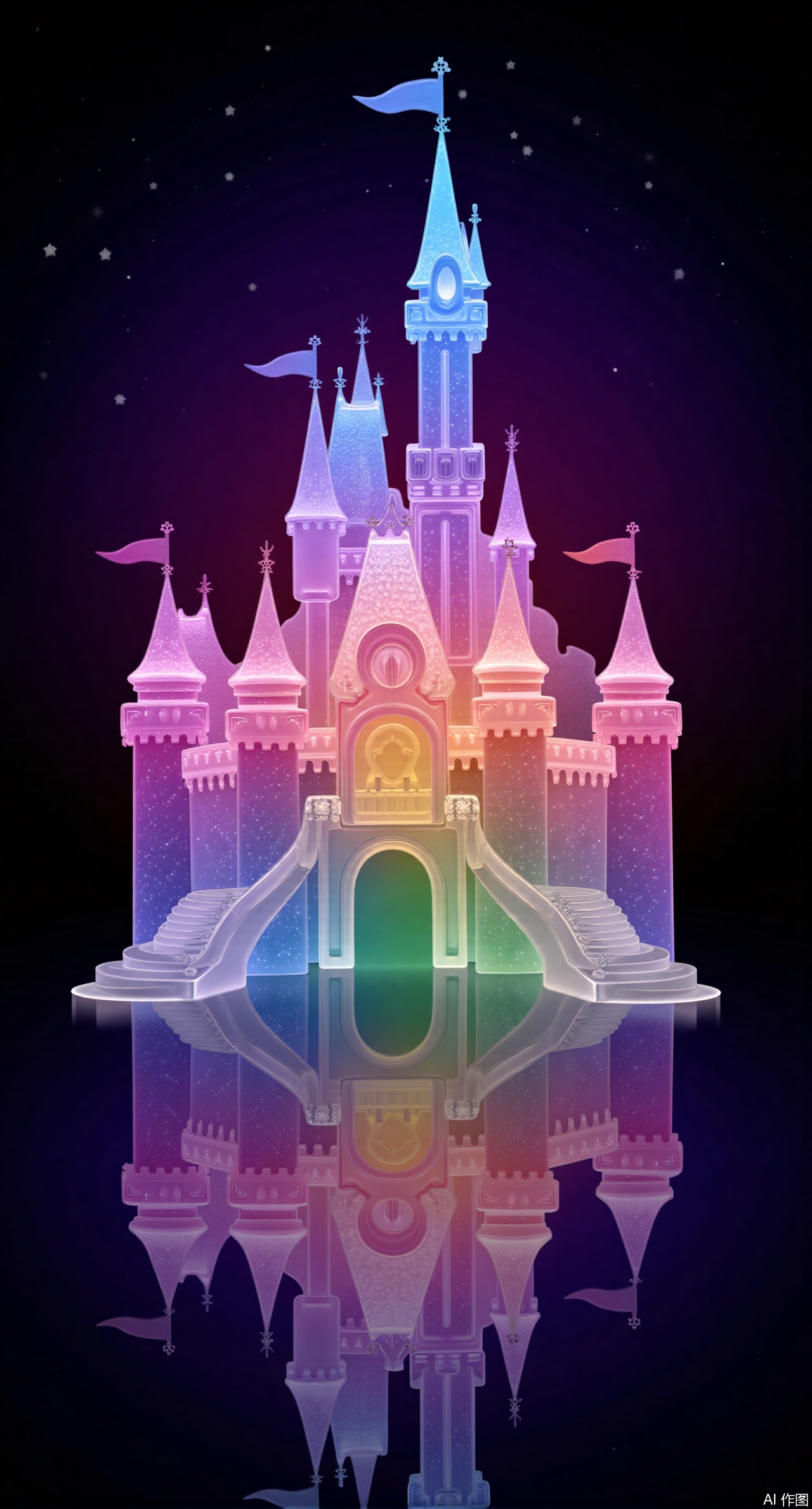 (masterpiece, best quality:1.2),The Disney castle logo in iOS 26 liquid glass style, with the transparent glass castle spires twinkling with pink-purple starlight. The castle walls flow with fairy-tale rainbow ripples, and the bottom reflects a dreamy liquid starry sky, full of childlike wonder and fantasy..Xqianqianmeinu,Xmoxionghanfu,Xleisiqipao,Xxeushengxiaofu,Xxiajixiaofu,Xzileisiqipao,XluxueqiXY2,Xyaoyuexianzi,XteYK,Xdongjixiaofu2,Xclaudmonetstyle,XLiquidGlassMaterial,Xclaudmonet