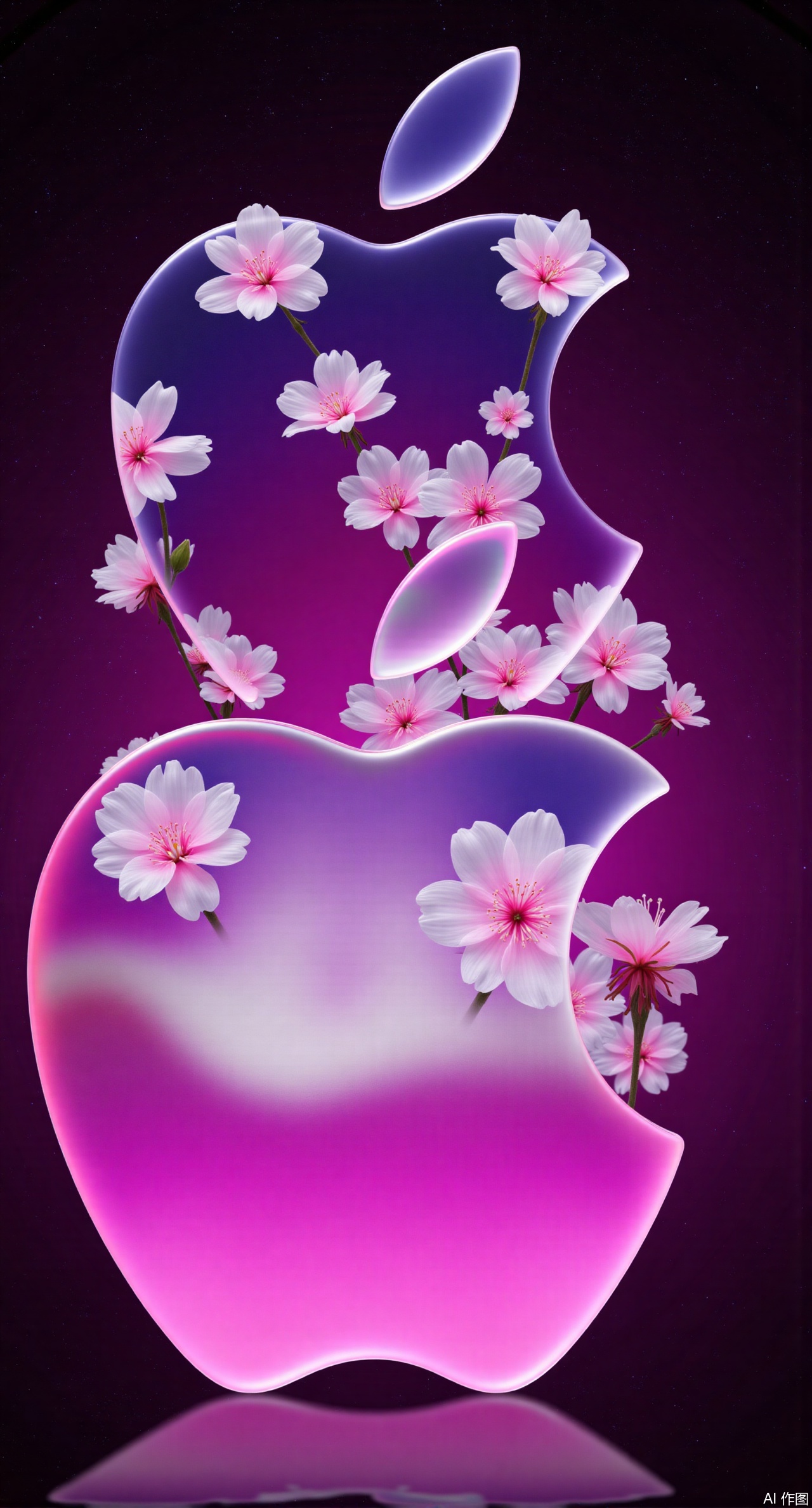 (masterpiece, best quality:1.2),The pink-to-white gradient liquid glass Apple logo appears as if veiled in a mist of cherry blossoms. Translucent petal-like light ribbons float from the notch, and the surface shimmers with a gauzy haze. The reflection at the bottom sparkles with a pearly luster, set against a dreamy liquid starry sky with a pink-purple gradient, perfectly blending a romantic atmosphere with a sense of technology.Xqianqianmeinu,Xmoxionghanfu,Xleisiqipao,Xxeushengxiaofu,Xxiajixiaofu,Xzileisiqipao,XluxueqiXY2,Xyaoyuexianzi,XteYK,Xdongjixiaofu2,Xclaudmonetstyle,XLiquidGlassMaterial,Xclaudmonet
