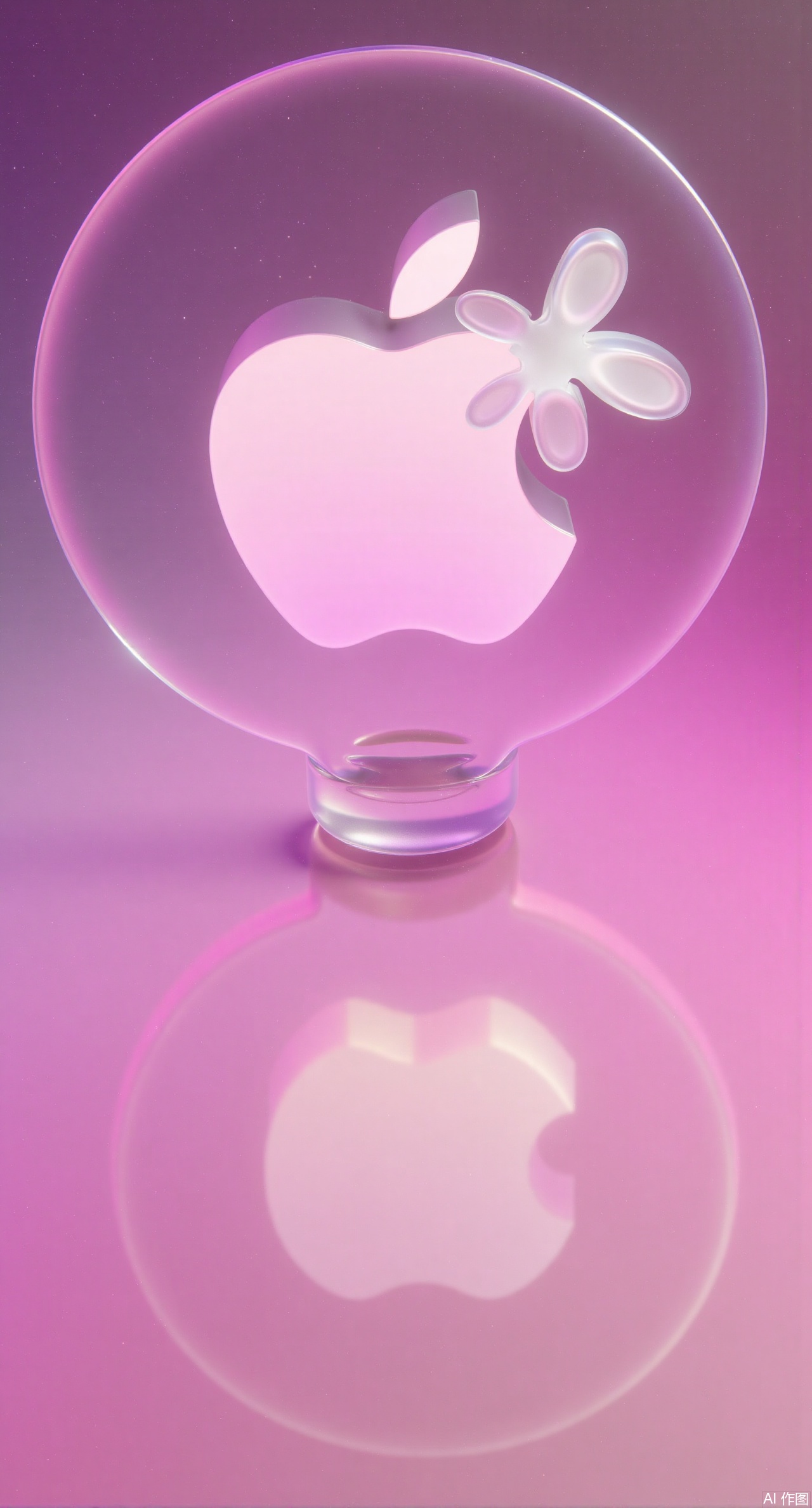 (masterpiece, best quality:1.2),The pink-to-white gradient liquid glass Apple logo appears as if veiled in a mist of cherry blossoms. Translucent petal-like light ribbons float from the notch, and the surface shimmers with a gauzy haze. The reflection at the bottom sparkles with a pearly luster, set against a dreamy liquid starry sky with a pink-purple gradient, perfectly blending a romantic atmosphere with a sense of technology.Xqianqianmeinu,Xmoxionghanfu,Xleisiqipao,Xxeushengxiaofu,Xxiajixiaofu,Xzileisiqipao,XluxueqiXY2,Xyaoyuexianzi,XteYK,Xdongjixiaofu2,Xclaudmonetstyle,XLiquidGlassMaterial,Xclaudmonet