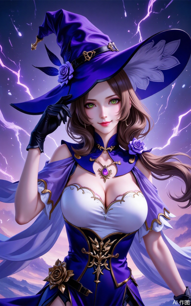 ,lisha,1girl,lisa \(genshin impact\),breasts,solo,green eyes,hat,witch hat,gloves,cleavage,flower,brown hair,smile,looking at viewer,vision \(genshin impact\),hat belt,long hair,black gloves,purple headwear,rose,large breasts,upper body,hat flower,electricity,dress,hair flower,hair ornament,hair between eyes,witch,capelet,closed mouth,purple flower,jewelry,purple capelet,hand on headwear,multicolored dress,6,cover,simple,background,gradient_background,Close-up details,outstanding style,adding a touch of dimension to your images without compromising details,close-up,,lvjing,guoman