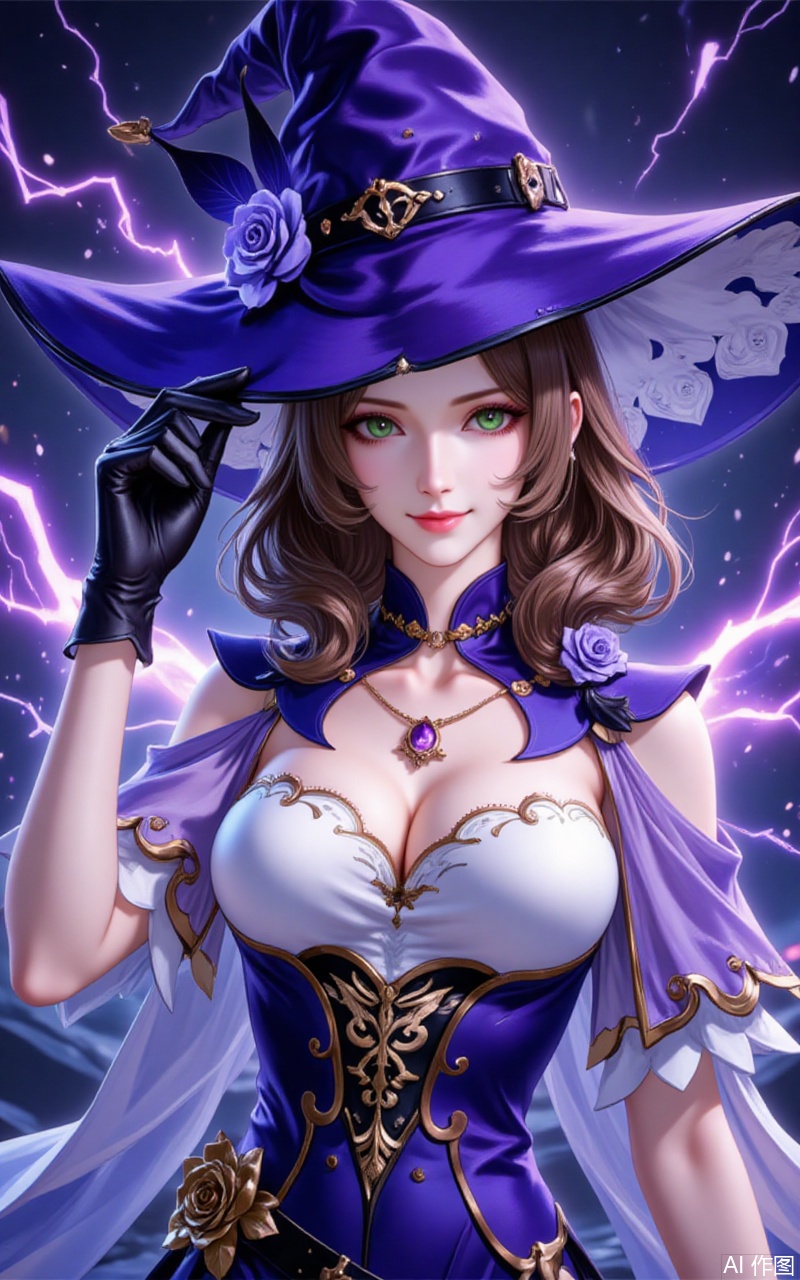 ,lisha,1girl,lisa \(genshin impact\),breasts,solo,green eyes,hat,witch hat,gloves,cleavage,flower,brown hair,smile,looking at viewer,vision \(genshin impact\),hat belt,long hair,black gloves,purple headwear,rose,large breasts,upper body,hat flower,electricity,dress,hair flower,hair ornament,hair between eyes,witch,capelet,closed mouth,purple flower,jewelry,purple capelet,hand on headwear,multicolored dress,6,cover,simple,background,gradient_background,Close-up details,outstanding style,adding a touch of dimension to your images without compromising details,close-up,,lvjing,guoman