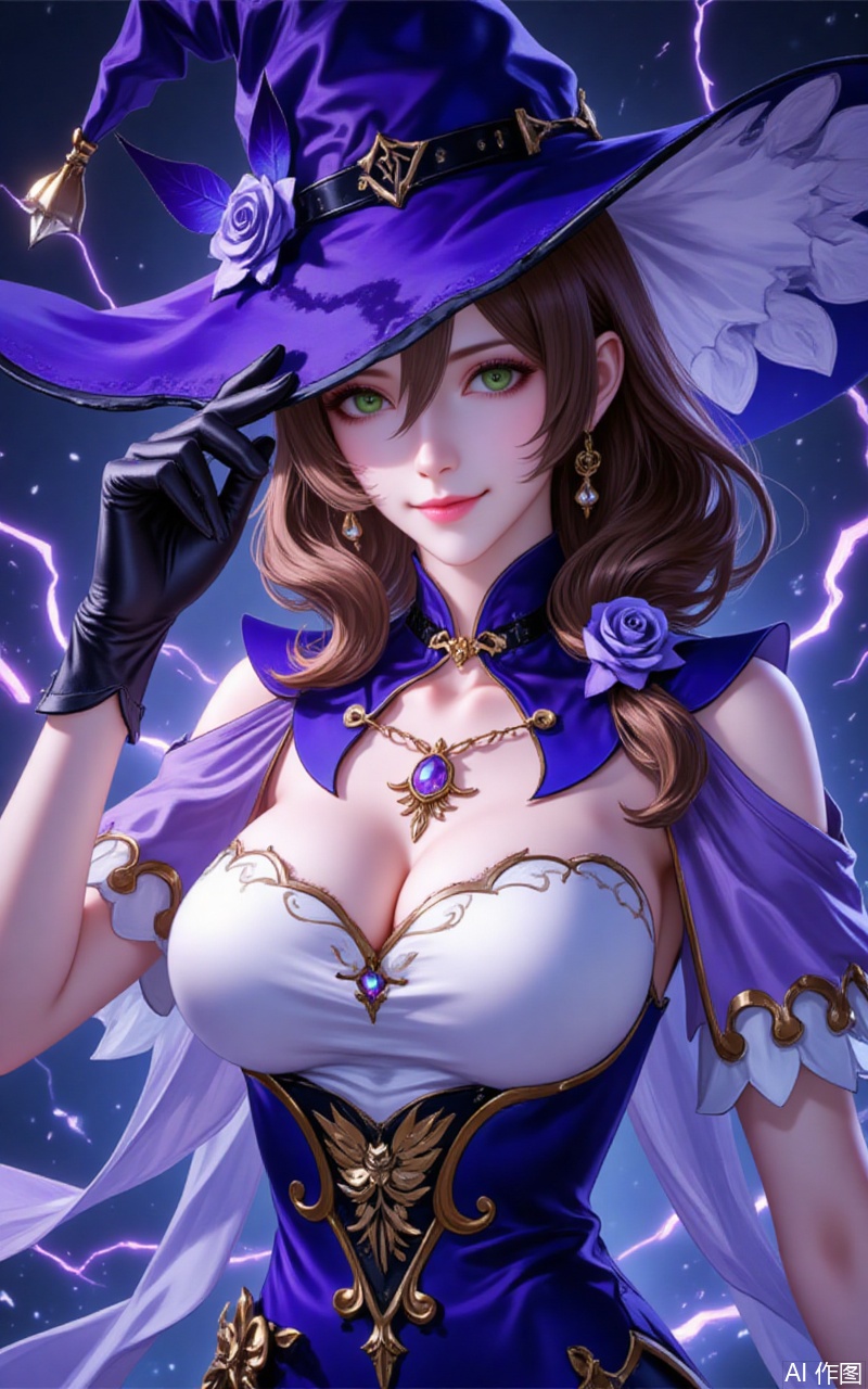 ,lisha,1girl,lisa \(genshin impact\),breasts,solo,green eyes,hat,witch hat,gloves,cleavage,flower,brown hair,smile,looking at viewer,vision \(genshin impact\),hat belt,long hair,black gloves,purple headwear,rose,large breasts,upper body,hat flower,electricity,dress,hair flower,hair ornament,hair between eyes,witch,capelet,closed mouth,purple flower,jewelry,purple capelet,hand on headwear,multicolored dress,6,cover,simple,background,gradient_background,Close-up details,outstanding style,adding a touch of dimension to your images without compromising details,close-up,,lvjing,guoman