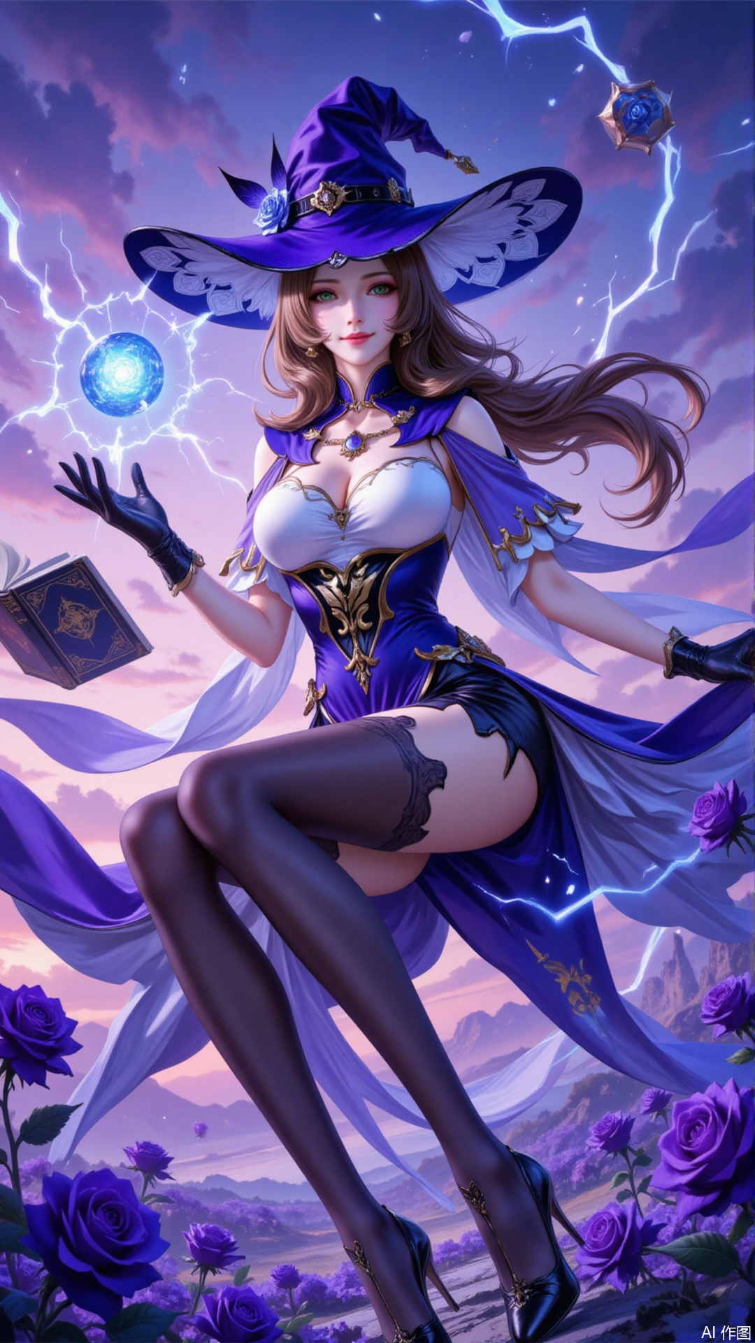 ,lisha,1girl,lisa \(genshin impact\),solo,hat,green eyes,gloves,purple flower,flower,witch hat,high heels,thighhighs,breasts,book,floating book,vision \(genshin impact\),rose,purple headwear,brown hair,floating object,long hair,black gloves,purple rose,dress,black thighhighs,electricity,purple capelet,sky,looking at viewer,cleavage,black footwear,magic,hat belt,multicolored dress,floating,multicolored clothes,pelvic curtain,witch,blue flower,jewelry,capelet,smile,cloud,large breasts,hat flower,blue rose,medium breasts,outdoors,hair between eyes,4,sitting,cover,simple,background,gradient_background,Close-up details,outstanding style,adding a touch of dimension to your images without compromising details,close-up,lvjing,guoman