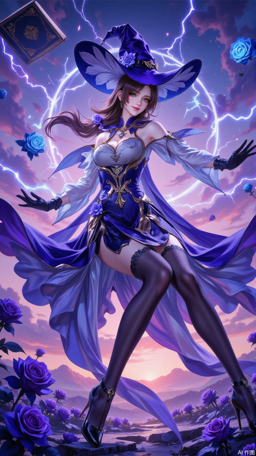 ,lisha,1girl,lisa \(genshin impact\),solo,hat,green eyes,gloves,purple flower,flower,witch hat,high heels,thighhighs,breasts,book,floating book,vision \(genshin impact\),rose,purple headwear,brown hair,floating object,long hair,black gloves,purple rose,dress,black thighhighs,electricity,purple capelet,sky,looking at viewer,cleavage,black footwear,magic,hat belt,multicolored dress,floating,multicolored clothes,pelvic curtain,witch,blue flower,jewelry,capelet,smile,cloud,large breasts,hat flower,blue rose,medium breasts,outdoors,hair between eyes,4,sitting,cover,simple,background,gradient_background,Close-up details,outstanding style,adding a touch of dimension to your images without compromising details,close-up,lvjing,guoman