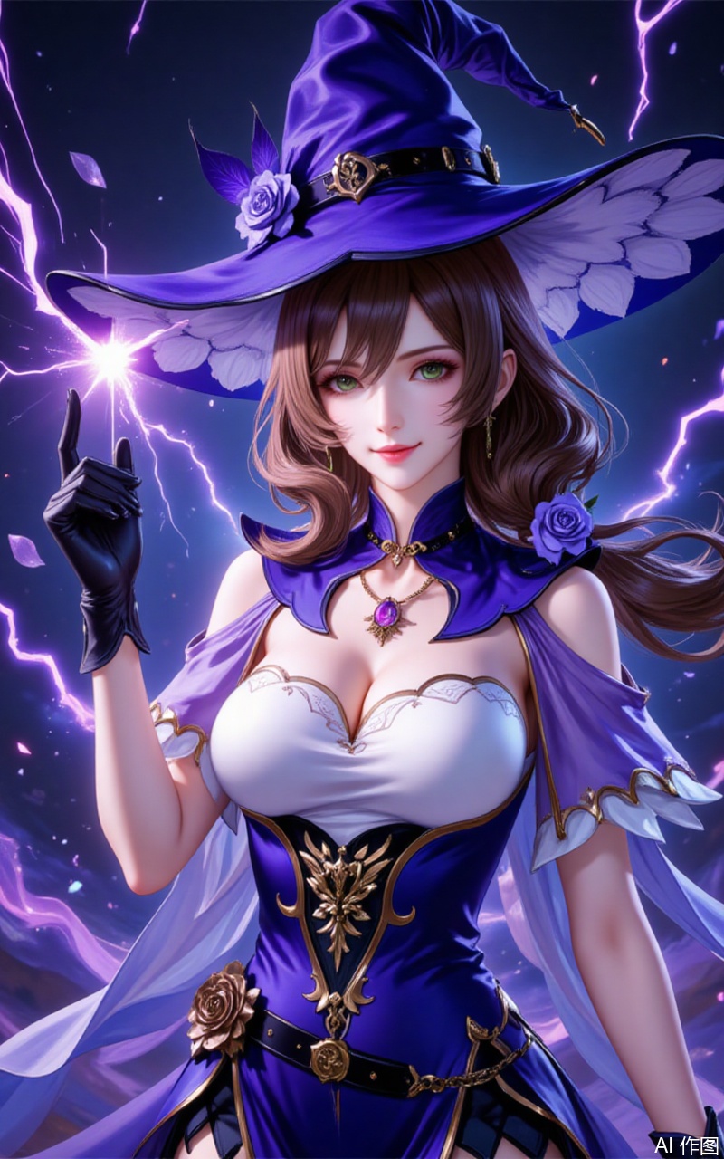 ,lisha,1girl,lisa \(genshin impact\),breasts,solo,green eyes,hat,witch hat,gloves,cleavage,flower,brown hair,smile,looking at viewer,vision \(genshin impact\),hat belt,long hair,black gloves,purple headwear,rose,large breasts,upper body,hat flower,electricity,dress,hair flower,hair ornament,hair between eyes,witch,capelet,closed mouth,purple flower,jewelry,purple capelet,hand on headwear,multicolored dress,6,cover,simple,background,gradient_background,Close-up details,outstanding style,adding a touch of dimension to your images without compromising details,close-up,,lvjing,guoman