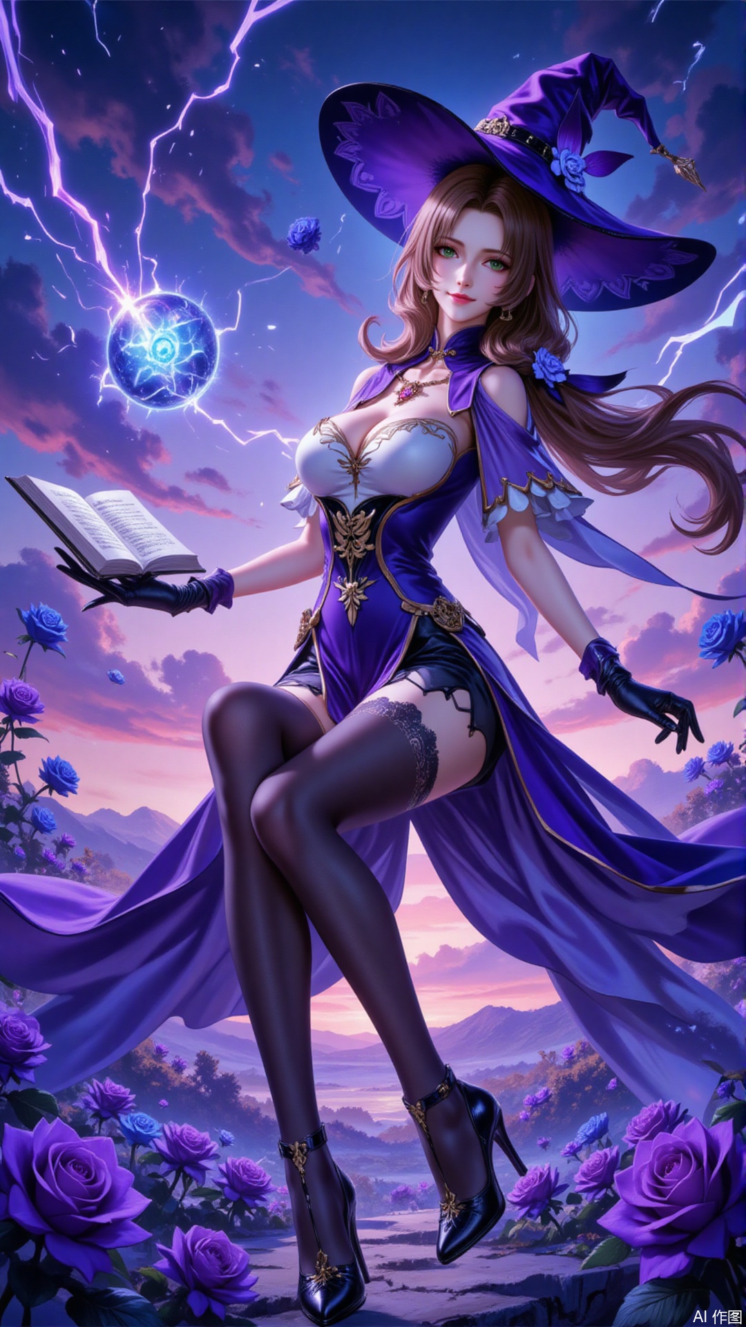 ,lisha,1girl,lisa \(genshin impact\),solo,hat,green eyes,gloves,purple flower,flower,witch hat,high heels,thighhighs,breasts,book,floating book,vision \(genshin impact\),rose,purple headwear,brown hair,floating object,long hair,black gloves,purple rose,dress,black thighhighs,electricity,purple capelet,sky,looking at viewer,cleavage,black footwear,magic,hat belt,multicolored dress,floating,multicolored clothes,pelvic curtain,witch,blue flower,jewelry,capelet,smile,cloud,large breasts,hat flower,blue rose,medium breasts,outdoors,hair between eyes,4,sitting,cover,simple,background,gradient_background,Close-up details,outstanding style,adding a touch of dimension to your images without compromising details,close-up,lvjing,guoman