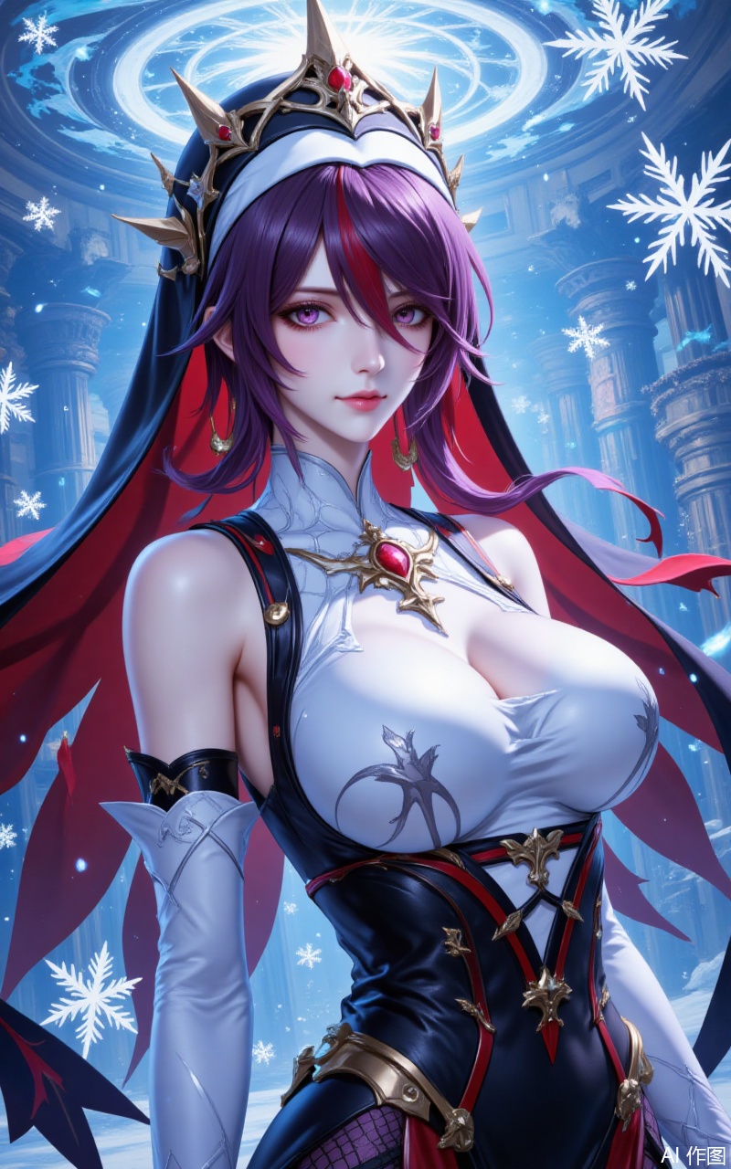 luoshaliya,lvjing,1girl,rosaria \(genshin impact\),solo,breasts,gloves,elbow gloves,snowflakes,white gloves,looking at viewer,pantyhose,fishnet pantyhose,nun,purple hair,bare shoulders,fishnets,multicolored headwear,habit,large breasts,red hair,two-tone dress,hair between eyes,multicolored hair,streaked hair,closed mouth,short hair,purple eyes,dress,multicolored clothes,claw ring,veil,sleeveless,purple pantyhose,5,cover,Close-up details,outstanding style,adding a touch of dimension to your images without compromising details,close-up,underwater,guoman