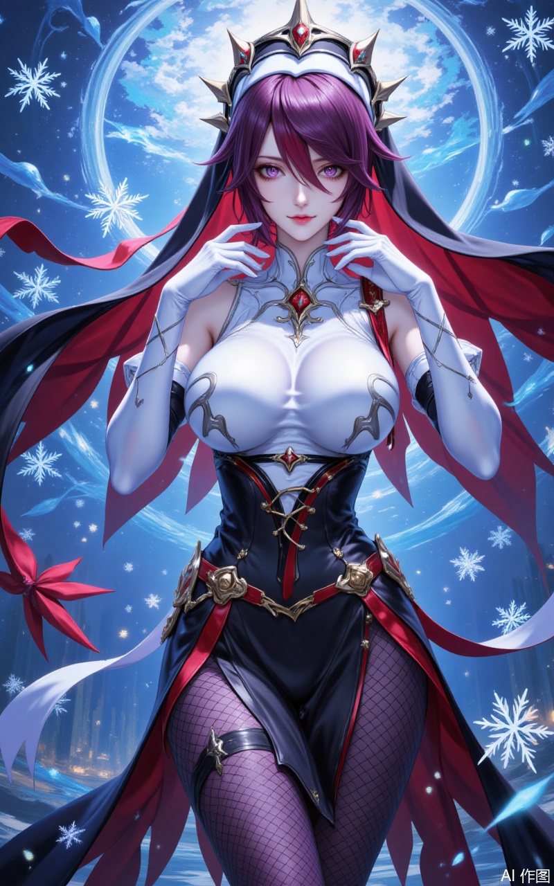 luoshaliya,lvjing,1girl,rosaria \(genshin impact\),solo,breasts,gloves,elbow gloves,snowflakes,white gloves,looking at viewer,pantyhose,fishnet pantyhose,nun,purple hair,bare shoulders,fishnets,multicolored headwear,habit,large breasts,red hair,two-tone dress,hair between eyes,multicolored hair,streaked hair,closed mouth,short hair,purple eyes,dress,multicolored clothes,claw ring,veil,sleeveless,purple pantyhose,5,cover,Close-up details,outstanding style,adding a touch of dimension to your images without compromising details,close-up,underwater,guoman