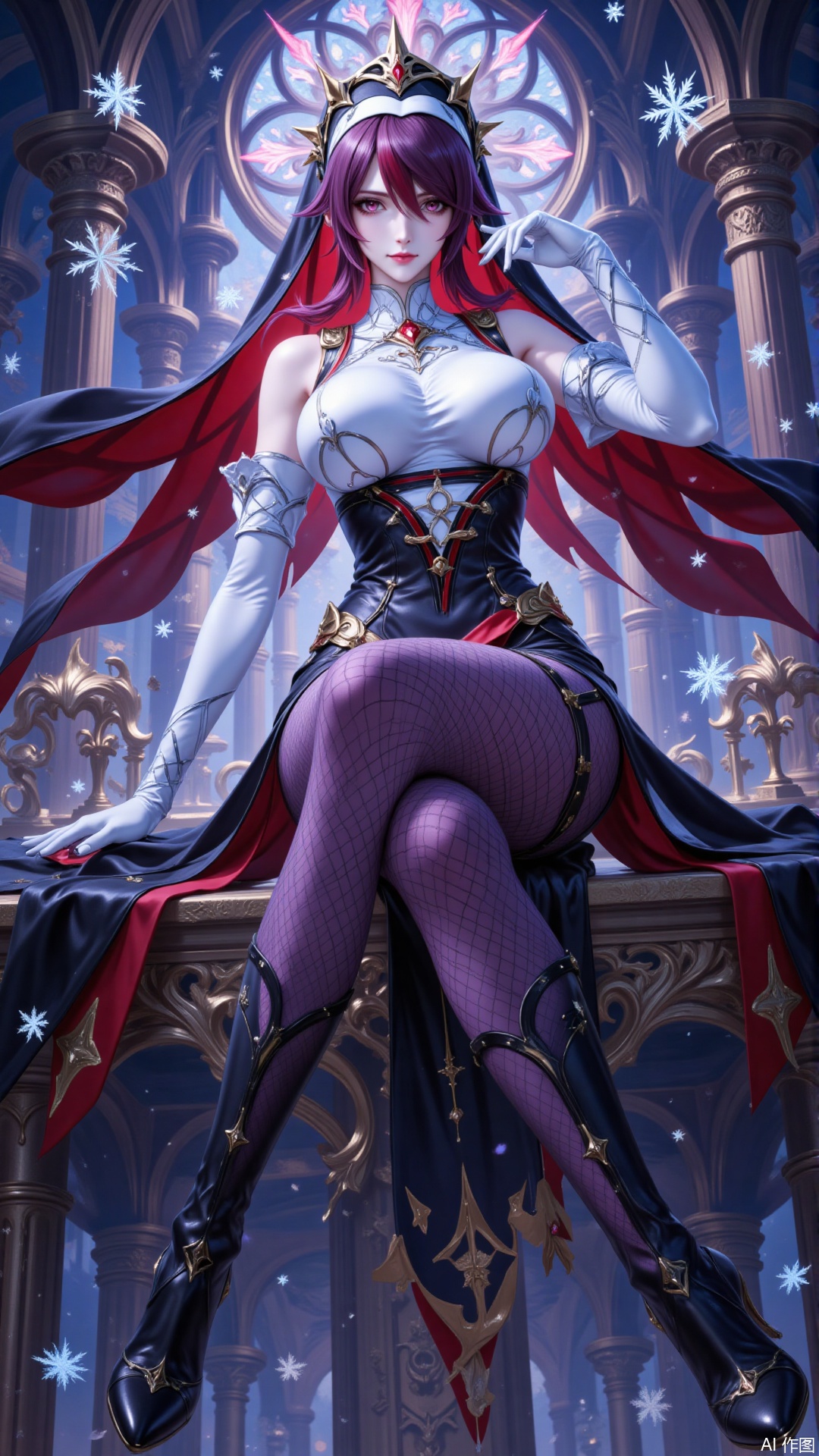 luoshaliya,lvjing,rosaria \(genshin impact\),1girl,solo,gloves,nun,pantyhose,white gloves,elbow gloves,breasts,habit,church,fishnet pantyhose,purple pantyhose,sitting,fishnets,red hair,high heels,purple hair,looking at viewer,bare shoulders,multicolored hair,two-tone dress,full body,snowflakes,boots,red eyes,short hair,hair between eyes,streaked hair,pillar,veil,dress,multicolored clothes,high heel boots,black footwear,pelvic curtain,parted lips,multicolored headwear,tiara,white dress,medium breasts,thigh strap,indoors,large breasts,purple eyes,claw ring,black dress,coif,3,cover,Close-up details,outstanding style,adding a touch of dimension to your images without compromising details,close-up,underwater,guoman