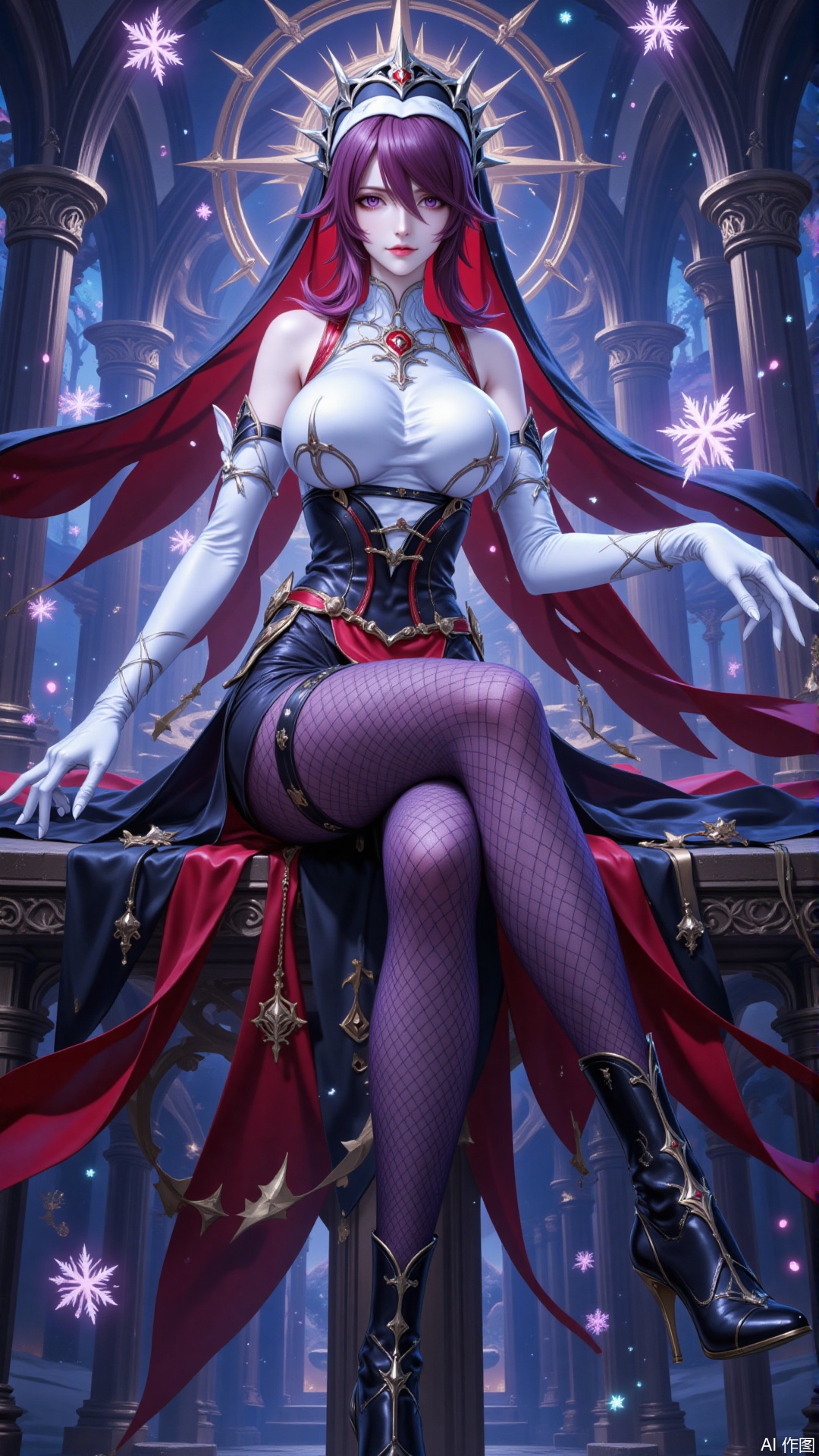 luoshaliya,lvjing,rosaria \(genshin impact\),1girl,solo,gloves,nun,pantyhose,white gloves,elbow gloves,breasts,habit,church,fishnet pantyhose,purple pantyhose,sitting,fishnets,red hair,high heels,purple hair,looking at viewer,bare shoulders,multicolored hair,two-tone dress,full body,snowflakes,boots,red eyes,short hair,hair between eyes,streaked hair,pillar,veil,dress,multicolored clothes,high heel boots,black footwear,pelvic curtain,parted lips,multicolored headwear,tiara,white dress,medium breasts,thigh strap,indoors,large breasts,purple eyes,claw ring,black dress,coif,3,cover,Close-up details,outstanding style,adding a touch of dimension to your images without compromising details,close-up,underwater,guoman