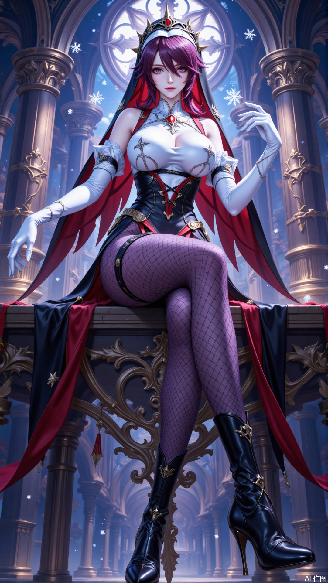 luoshaliya,lvjing,rosaria \(genshin impact\),1girl,solo,gloves,nun,pantyhose,white gloves,elbow gloves,breasts,habit,church,fishnet pantyhose,purple pantyhose,sitting,fishnets,red hair,high heels,purple hair,looking at viewer,bare shoulders,multicolored hair,two-tone dress,full body,snowflakes,boots,red eyes,short hair,hair between eyes,streaked hair,pillar,veil,dress,multicolored clothes,high heel boots,black footwear,pelvic curtain,parted lips,multicolored headwear,tiara,white dress,medium breasts,thigh strap,indoors,large breasts,purple eyes,claw ring,black dress,coif,3,cover,Close-up details,outstanding style,adding a touch of dimension to your images without compromising details,close-up,underwater,guoman