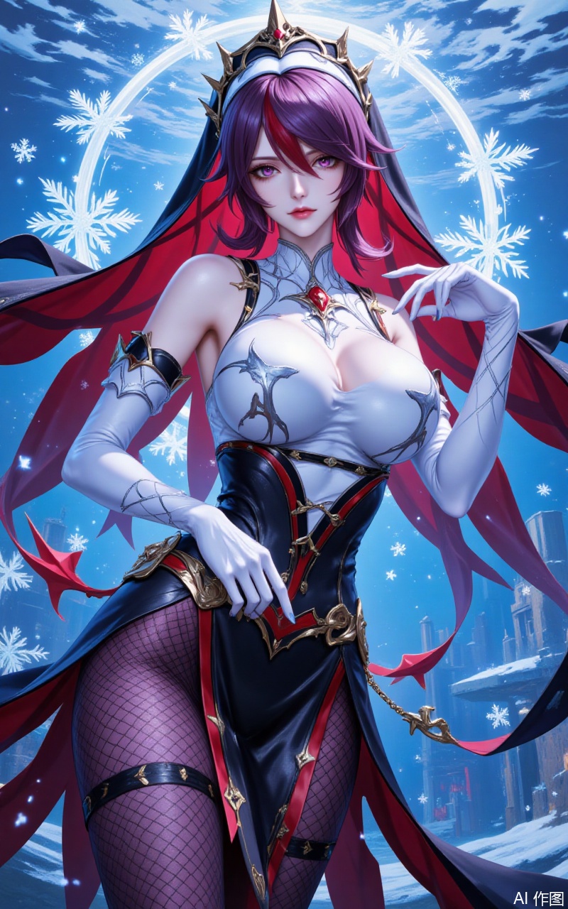 luoshaliya,lvjing,1girl,rosaria \(genshin impact\),solo,breasts,gloves,elbow gloves,snowflakes,white gloves,looking at viewer,pantyhose,fishnet pantyhose,nun,purple hair,bare shoulders,fishnets,multicolored headwear,habit,large breasts,red hair,two-tone dress,hair between eyes,multicolored hair,streaked hair,closed mouth,short hair,purple eyes,dress,multicolored clothes,claw ring,veil,sleeveless,purple pantyhose,5,cover,Close-up details,outstanding style,adding a touch of dimension to your images without compromising details,close-up,underwater,guoman