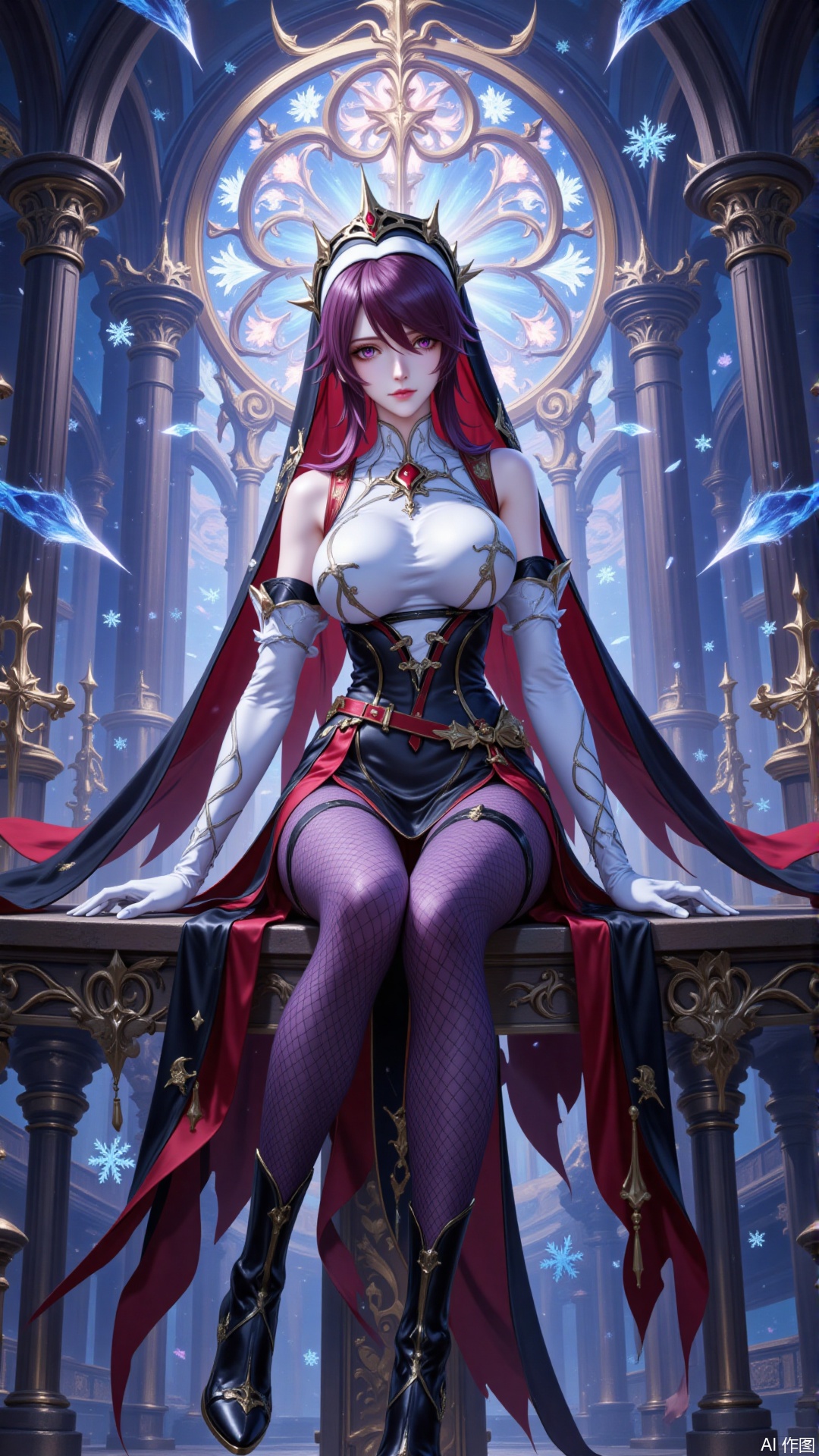 luoshaliya,lvjing,rosaria \(genshin impact\),1girl,solo,gloves,nun,pantyhose,white gloves,elbow gloves,breasts,habit,church,fishnet pantyhose,purple pantyhose,sitting,fishnets,red hair,high heels,purple hair,looking at viewer,bare shoulders,multicolored hair,two-tone dress,full body,snowflakes,boots,red eyes,short hair,hair between eyes,streaked hair,pillar,veil,dress,multicolored clothes,high heel boots,black footwear,pelvic curtain,parted lips,multicolored headwear,tiara,white dress,medium breasts,thigh strap,indoors,large breasts,purple eyes,claw ring,black dress,coif,3,cover,Close-up details,outstanding style,adding a touch of dimension to your images without compromising details,close-up,underwater,guoman