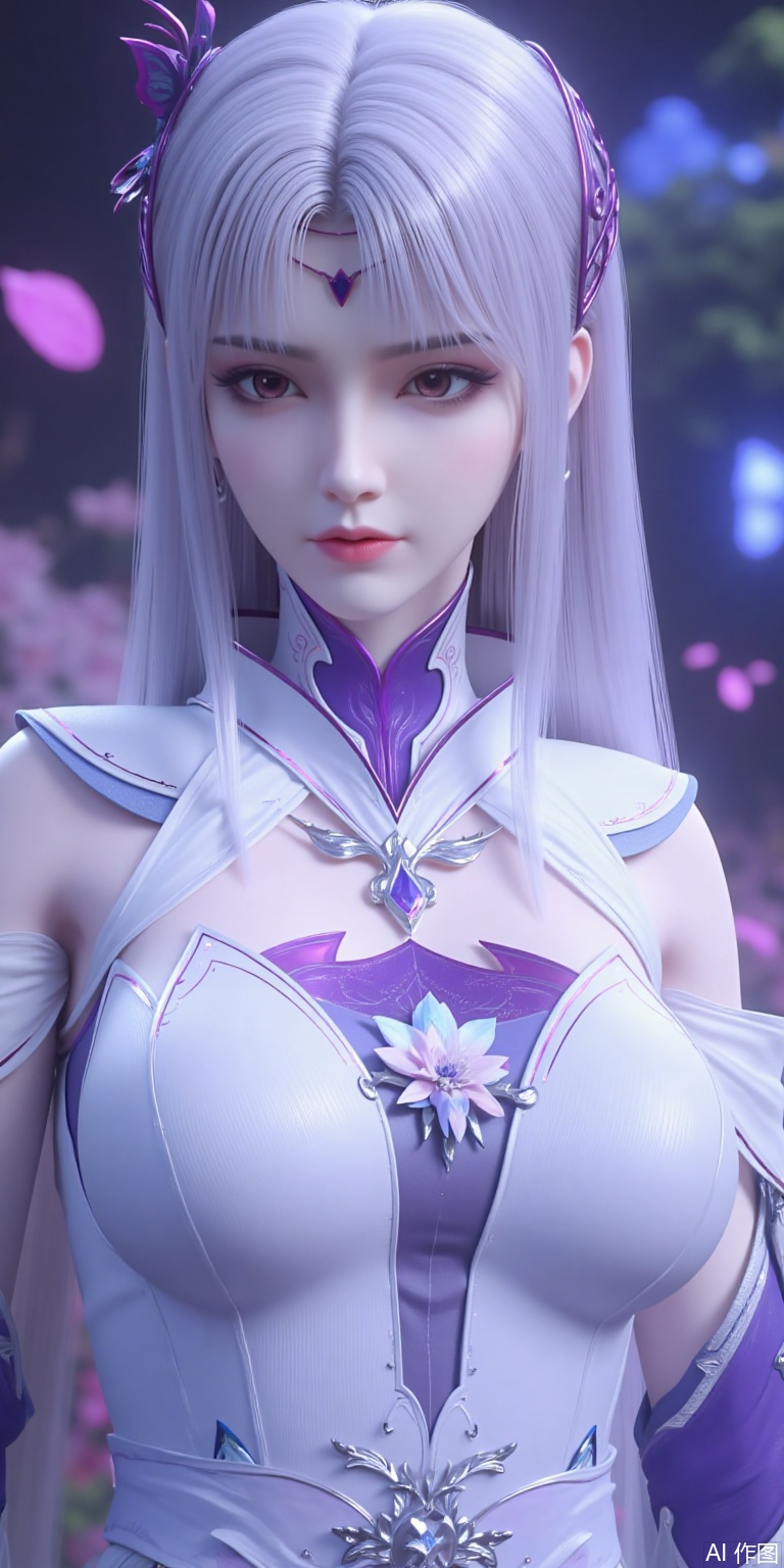 A highly detailed digital CGI render of an elegant anime-inspired female character with long, silver-white hair, styled with curved purple horn-like ornaments and a matching headpiece. Her soft purple eyes convey a serene yet mysterious expression. She wears a sophisticated white and purple armored dress with intricate floral patterns, gemstone embellishments, and delicate off-the-shoulder sleeves, paired with a high collar that accentuates her medium-sized bust. The outfit combines fantasy elegance with subtle armor detailing.
looking at viewer
The background is a dreamy, enchanted forest at twilight, with glowing purple and blue bioluminescent flora, soft mist, and floating petals, enhancing her ethereal presence. The lighting is soft yet dramatic, casting gentle highlights on her hair and armor. The image is ultra-realistic with cinematic depth, emphasizing her poised and graceful demeanor.,xiaoyixian
