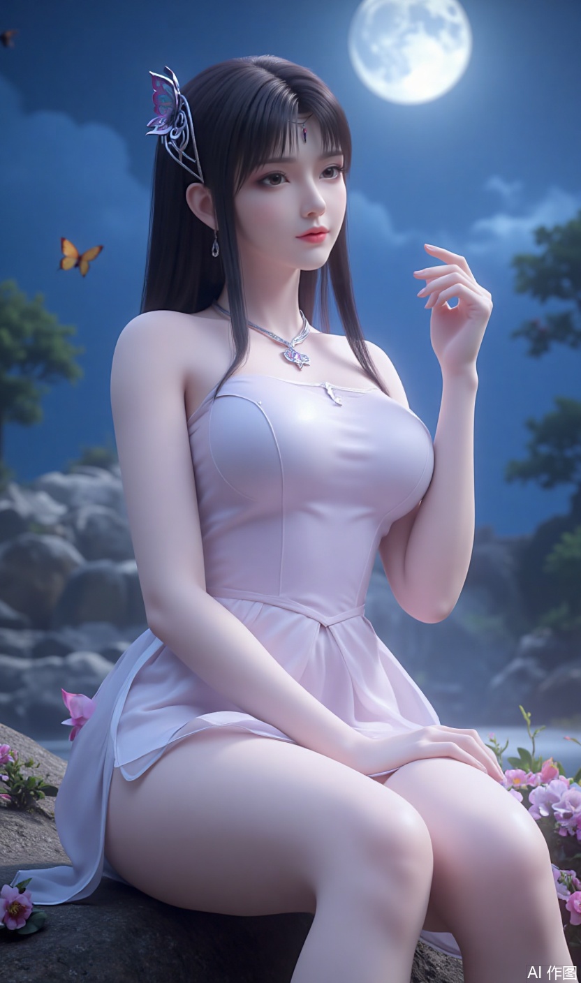 Charming xiaoyixian. Ultra-high-definition wallpaper quality, 8K resolution, master-level image quality, black hair, wearing exquisite hair accessories (including a butterfly-shaped headpiece) and a silver necklace, earrings on her ears. She is wearing a strapless dress, bare-legged, with high heels, showcasing her slender and attractive legs and full chest from a low-angle upward shot. xiaoyixian gazes at the audience, revealing a captivating smile. She is sitting in a natural environment, surrounded by trees, flowers, and water. The background is a night sky with a bright moon hanging high, along with flying insects and butterflies. The overall image has bright colors, especially highlighting the beautiful atmosphere of xiaoyixian interacting with natural elements, emphasizing the leg curves and the artistic beauty of the overall composition.