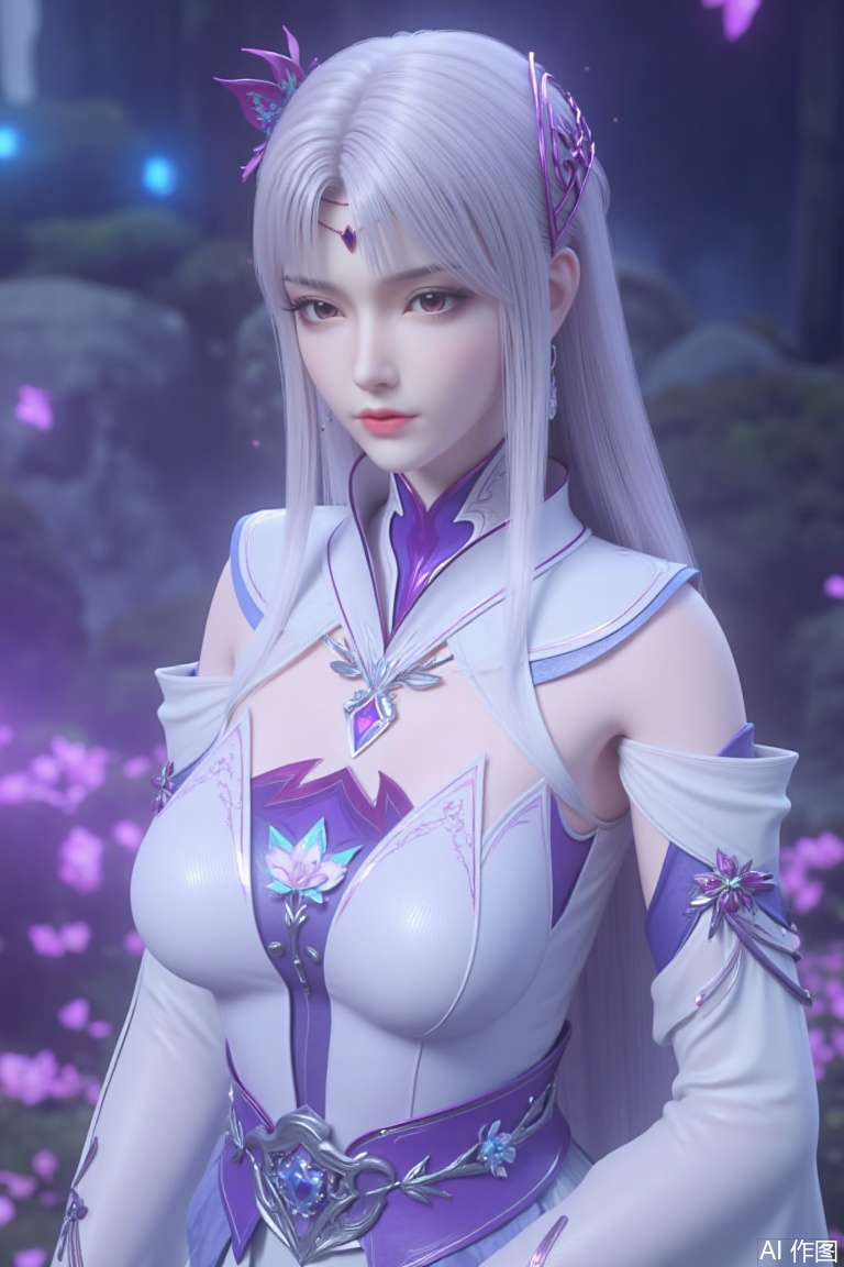 A highly detailed digital CGI render of an elegant anime-inspired female character with long, silver-white hair, styled with curved purple horn-like ornaments and a matching headpiece. Her soft purple eyes convey a serene yet mysterious expression. She wears a sophisticated white and purple armored dress with intricate floral patterns, gemstone embellishments, and delicate off-the-shoulder sleeves, paired with a high collar that accentuates her medium-sized bust. The outfit combines fantasy elegance with subtle armor detailing.
looking at viewer
The background is a dreamy, enchanted forest at twilight, with glowing purple and blue bioluminescent flora, soft mist, and floating petals, enhancing her ethereal presence. The lighting is soft yet dramatic, casting gentle highlights on her hair and armor. The image is ultra-realistic with cinematic depth, emphasizing her poised and graceful demeanor.,xiaoyixian
