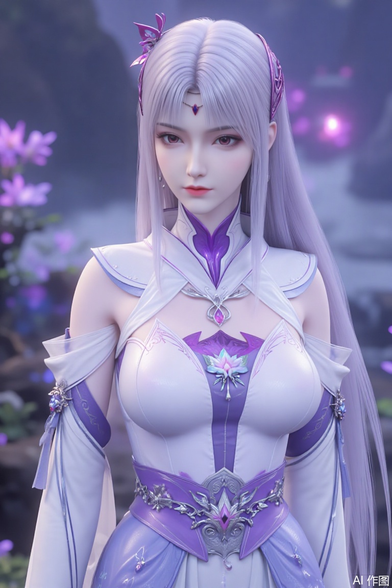A highly detailed digital CGI render of an elegant anime-inspired female character with long, silver-white hair, styled with curved purple horn-like ornaments and a matching headpiece. Her soft purple eyes convey a serene yet mysterious expression. She wears a sophisticated white and purple armored dress with intricate floral patterns, gemstone embellishments, and delicate off-the-shoulder sleeves, paired with a high collar that accentuates her medium-sized bust. The outfit combines fantasy elegance with subtle armor detailing.
looking at viewer
The background is a dreamy, enchanted forest at twilight, with glowing purple and blue bioluminescent flora, soft mist, and floating petals, enhancing her ethereal presence. The lighting is soft yet dramatic, casting gentle highlights on her hair and armor. The image is ultra-realistic with cinematic depth, emphasizing her poised and graceful demeanor.,xiaoyixian