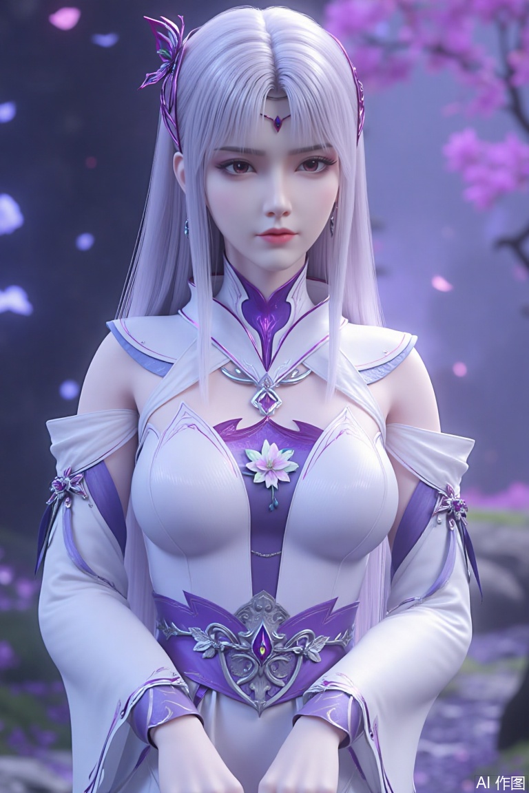 A highly detailed digital CGI render of an elegant anime-inspired female character with long, silver-white hair, styled with curved purple horn-like ornaments and a matching headpiece. Her soft purple eyes convey a serene yet mysterious expression. She wears a sophisticated white and purple armored dress with intricate floral patterns, gemstone embellishments, and delicate off-the-shoulder sleeves, paired with a high collar that accentuates her medium-sized bust. The outfit combines fantasy elegance with subtle armor detailing.
looking at viewer
The background is a dreamy, enchanted forest at twilight, with glowing purple and blue bioluminescent flora, soft mist, and floating petals, enhancing her ethereal presence. The lighting is soft yet dramatic, casting gentle highlights on her hair and armor. The image is ultra-realistic with cinematic depth, emphasizing her poised and graceful demeanor.,xiaoyixian