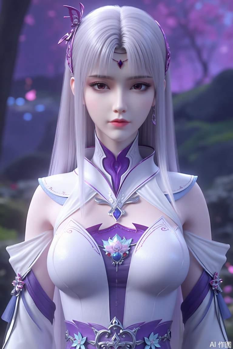 A highly detailed digital CGI render of an elegant anime-inspired female character with long, silver-white hair, styled with curved purple horn-like ornaments and a matching headpiece. Her soft purple eyes convey a serene yet mysterious expression. She wears a sophisticated white and purple armored dress with intricate floral patterns, gemstone embellishments, and delicate off-the-shoulder sleeves, paired with a high collar that accentuates her medium-sized bust. The outfit combines fantasy elegance with subtle armor detailing.
looking at viewer
The background is a dreamy, enchanted forest at twilight, with glowing purple and blue bioluminescent flora, soft mist, and floating petals, enhancing her ethereal presence. The lighting is soft yet dramatic, casting gentle highlights on her hair and armor. The image is ultra-realistic with cinematic depth, emphasizing her poised and graceful demeanor.,xiaoyixian