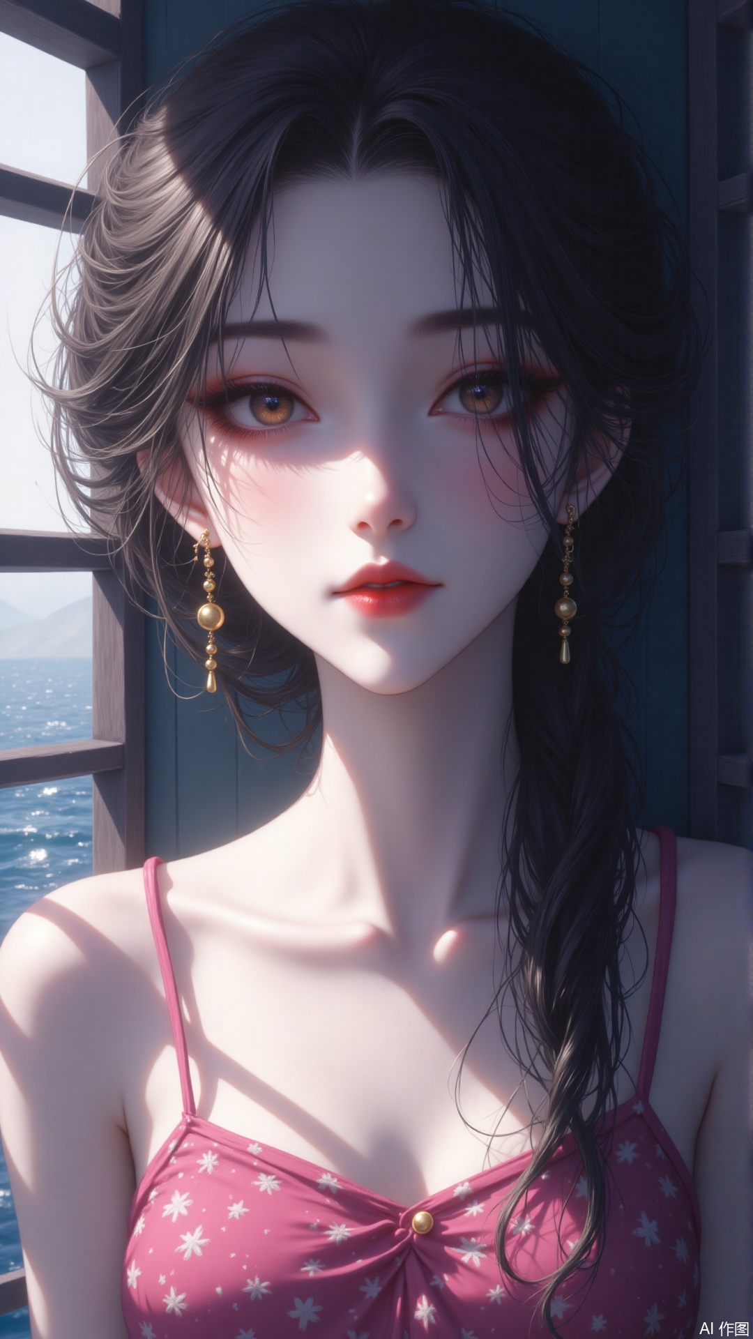 1girl, solo, long hair, looking at viewer, blush, black hair, jewelry, collarbone, earrings, parted lips, indoors, water, lips, eyelashes, window, portrait, blinds