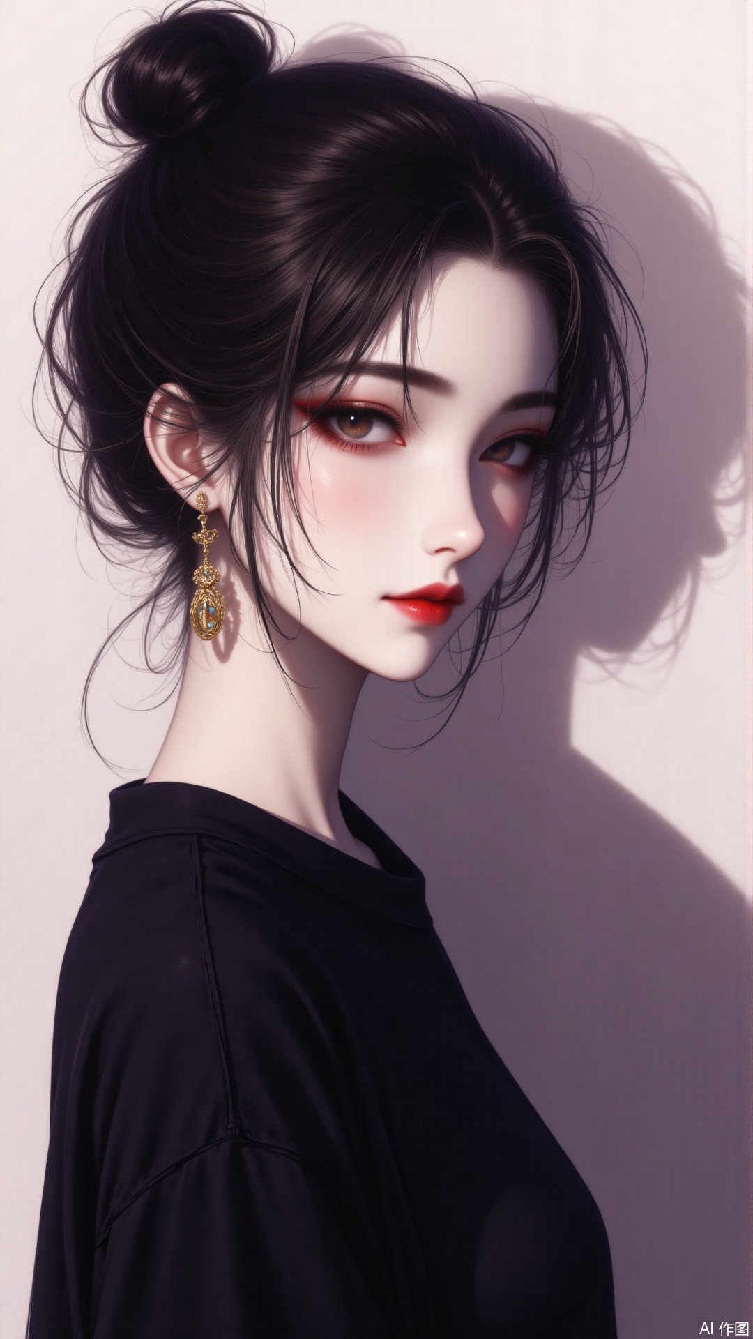 1girl, solo, looking at viewer, black hair, jewelry, closed mouth, upper body, earrings, hair bun, from side, lips, black shirt, makeup, shadow, single hair bun, portrait, red lips