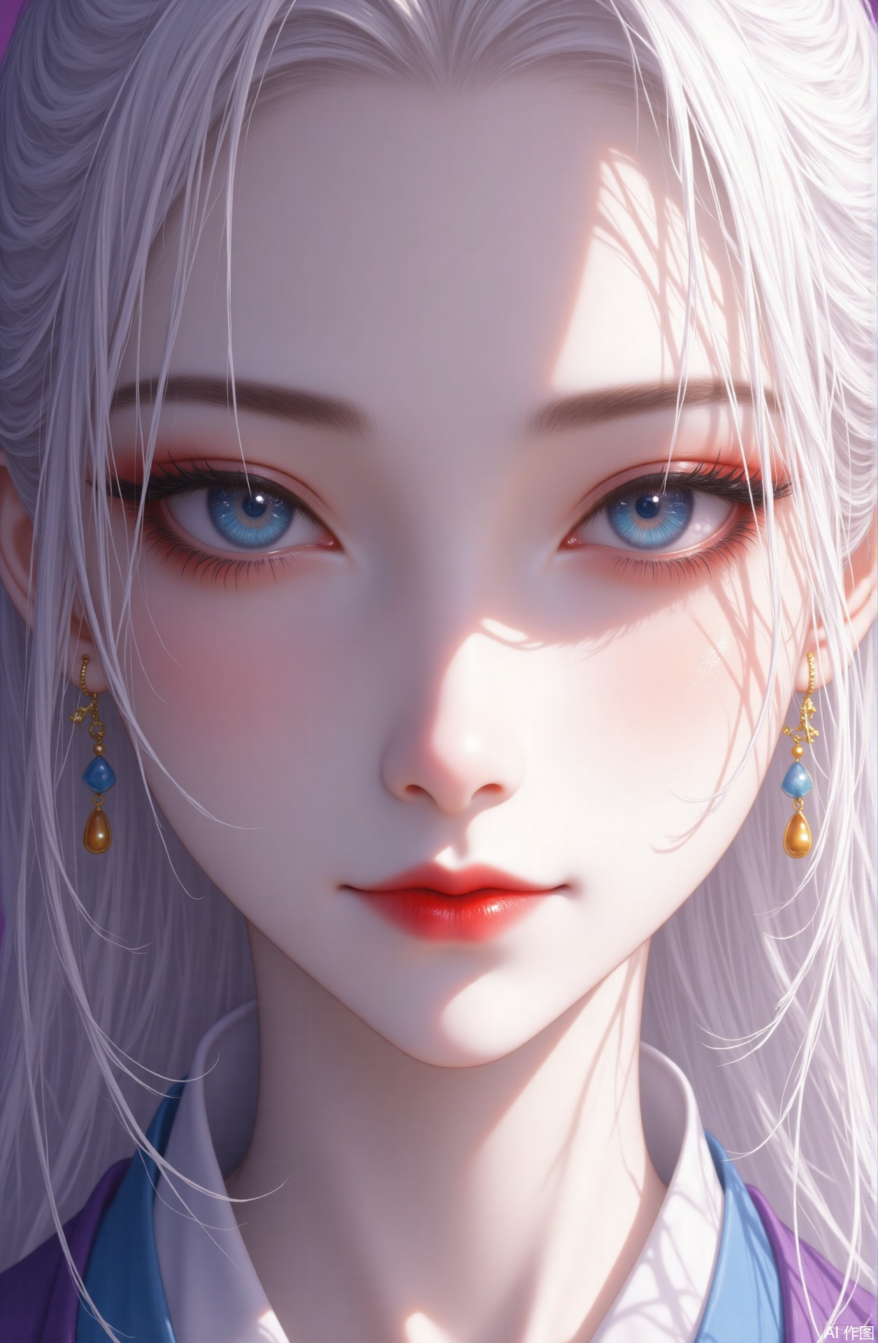 1girl, solo, long hair, looking at viewer, blue eyes, ribbon, jewelry, closed mouth, hair ribbon, white hair, earrings, lips, eyelashes, makeup, sunlight, lipstick, portrait, close-up, red lips, blinds