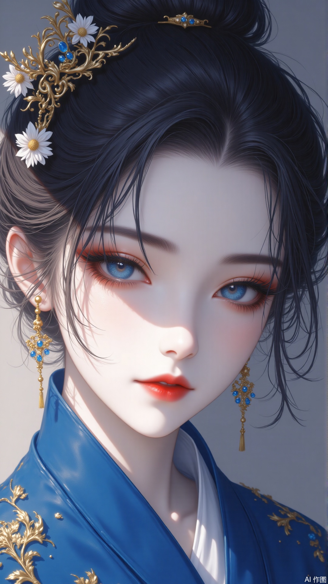 1girl, solo, looking at viewer, blue eyes, black hair, hair ornament, jewelry, closed mouth, upper body, flower, earrings, hair flower, hair bun, makeup, chinese clothes, sunlight, single hair bun, portrait, red lips
