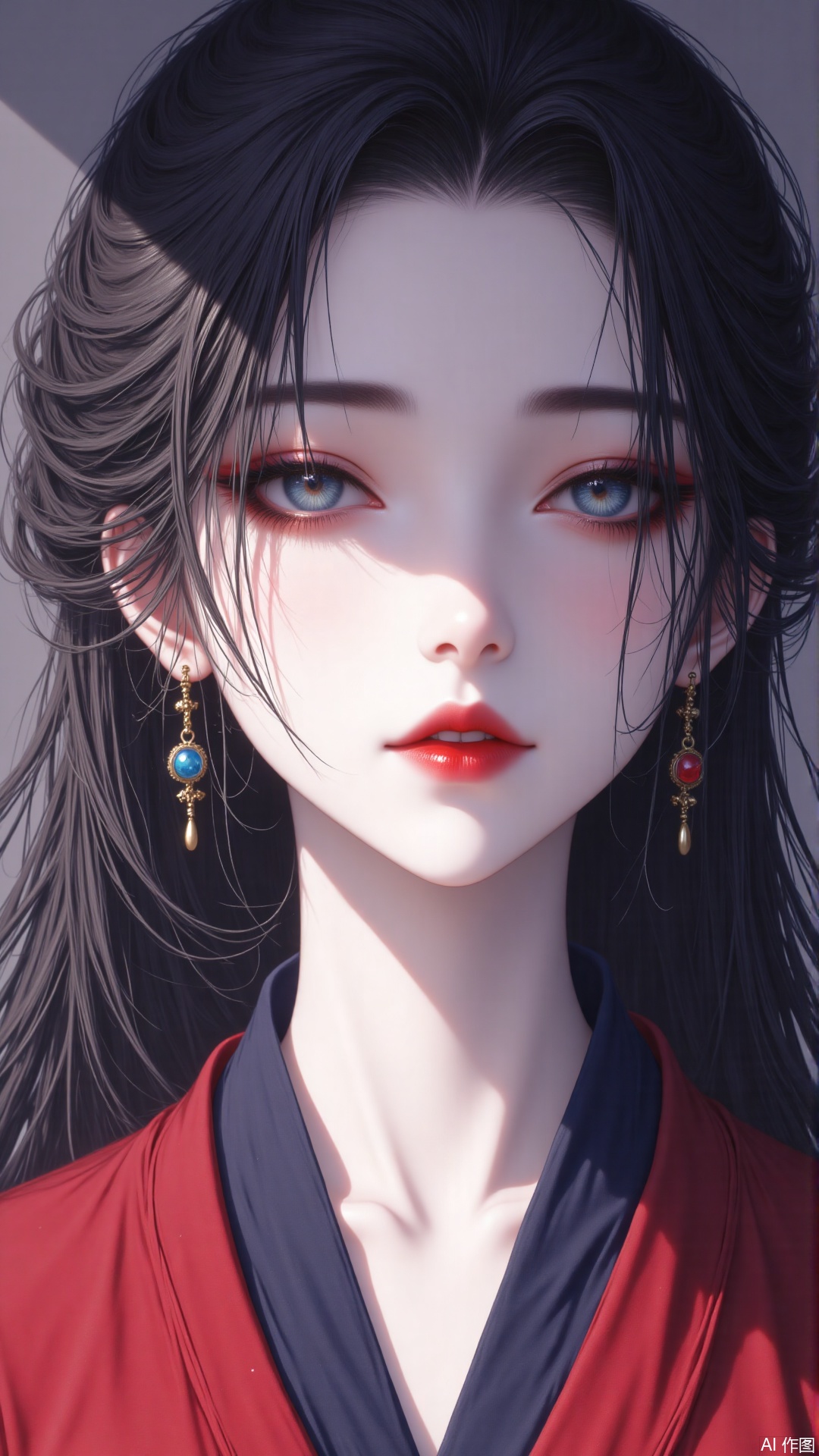1girl, solo, long hair, looking at viewer, blue eyes, black hair, jewelry, closed mouth, earrings, hair over one eye, lips, eyelashes, makeup, lipstick, portrait, eyeshadow, red lips